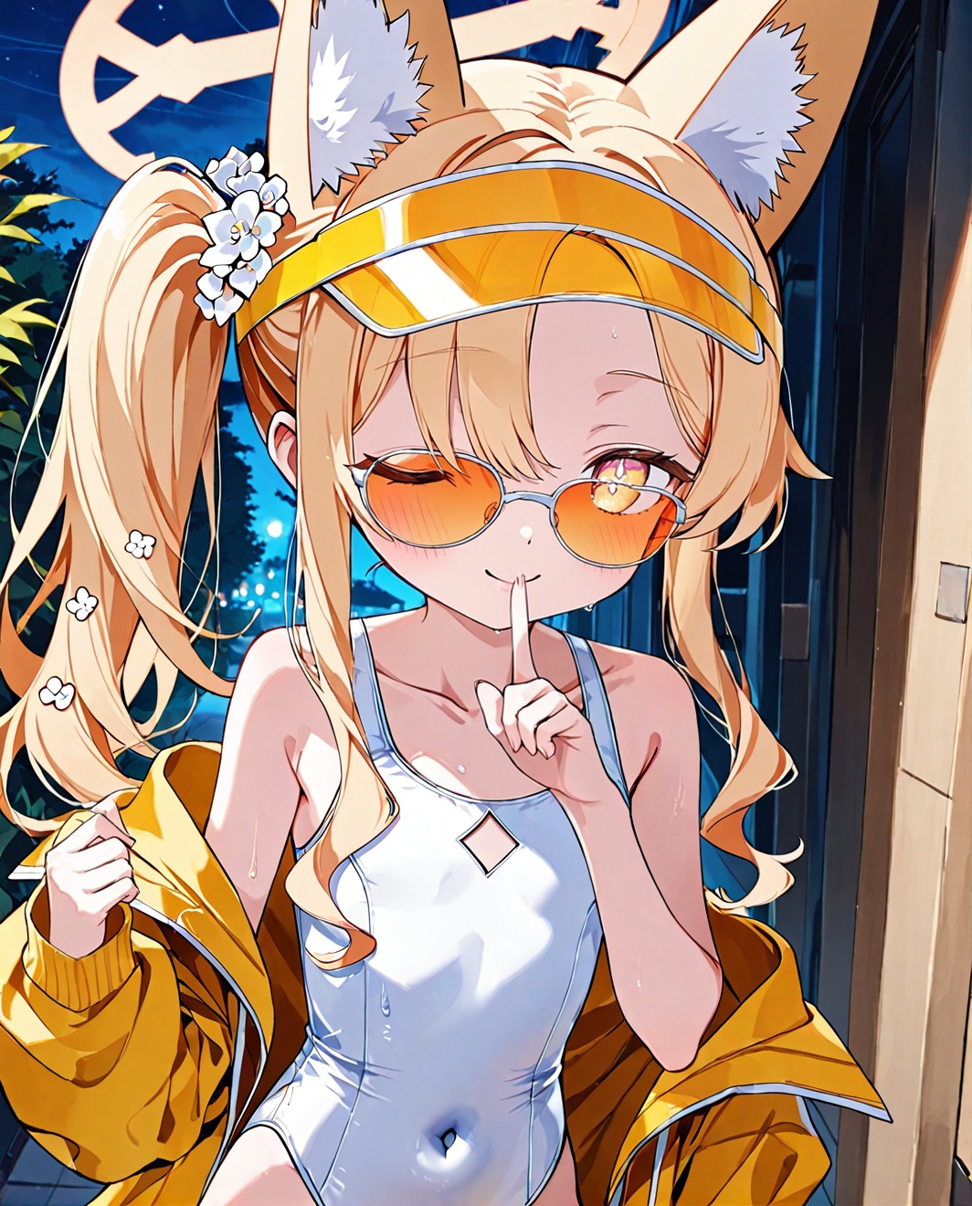 O,seia\(blue_archive\),(swimsuit),(one-piece swimsuit),(animal ears),(jacket),(white one-piece swimsuit),(blonde hair),(one eye closed),(animal ear fluff),(halo),(side ponytail),(long hair),(smile),(off shoulder),(sunglasses),(shushing),(finger to mouth),(covered navel),(1girl),(tinted eyewear),(open clothes),(open jacket),(looking at viewer),(hair ornament),(visor cap),(outdoors),(collarbone),(hair flower),(flower),(long sleeves),(bangs),(closed mouth),(fox ears),(solo focus),(yellow jacket),night,bare shoulders,yellow eyes,index finger raised,school swimsuit,glowing eyes,glowing,hood,sidelocks,blush,official alternate costume,2girls,peeking out,multiple girls,white flower,flat chest,hair over one eye,hooded jacket,breasts,(UHD),anatomically correct,accurate,textured skin,super detail,high details,award winning,best quality,high quality,retina,HD,16k,1080P,