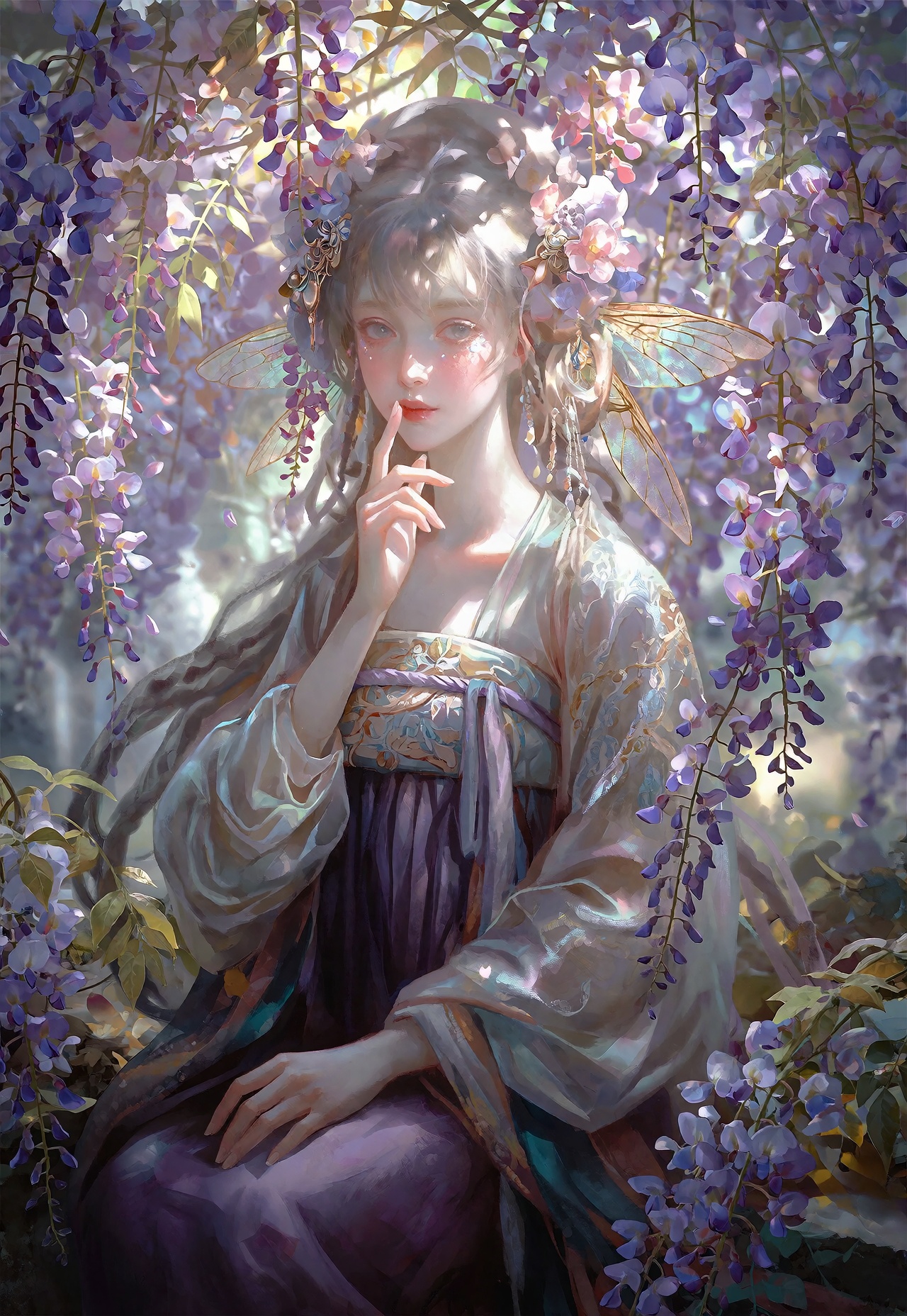 Detailed illustration. Intimate portrait,  Depth of field. Enclosed within a lush canopy of hanging wisteria in a dreamlik...
