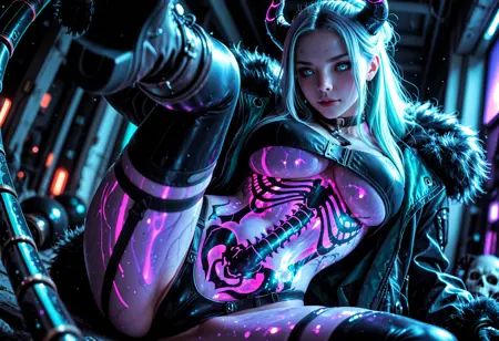 she has large dark horns,  teal eyes,  silver (half-up half-down hair) on Tensor.Art