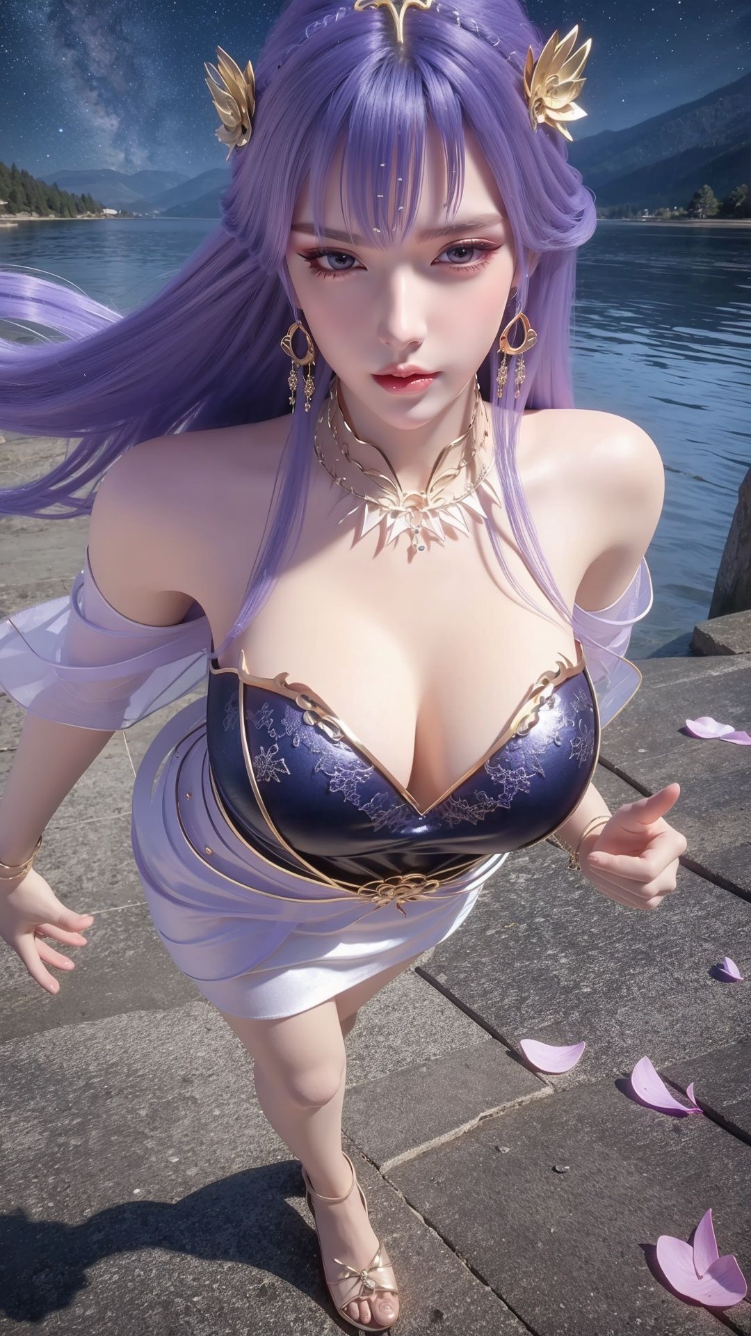 <lora:TQ_20240407170311-000009:0.75>,TQ,1girl,hair ornament,(looking at viewer:1.1),solo,purple hair,blue eyes,jewelry,cleavage,earrings,realistic,bangs,bare_legs,snow white skin,1girl,dress,petals,jewelry,falling petals,long hair,night,blue dress,solo,sky,hair ornament,blue hair,tree,water,mountain,bare legs,bare shoulders,purple hair,earrings,bracelet,night sky,rock,necklace,lake,outdoors,sash,breasts,star (sky),shooting star,Large breast,Giant breasts,sexy,seduce,(naked:1.1),(fullbody,Long distance shot),cinematic lighting,glowing point,<lora:HDR:0.5>,<lora:MHB:0.2>,