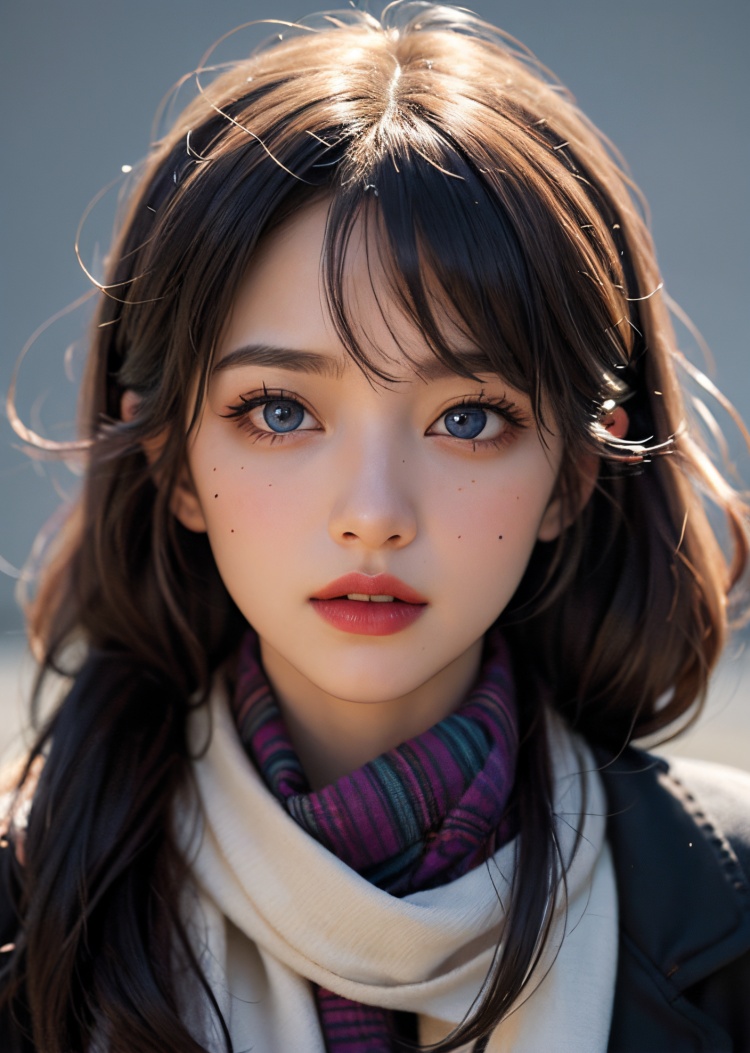 1girl, blue eyes, black hair, realistic, scarf, looking at viewer, twintails, solo, lips, long hair, portrait, nose, closed mouth, solo focus, finger to mouth, simple background, traditional media, pov, purple scarf, close-up, mole, blue background, bangs, signature, upper body, parted lips, out of frame, red lips, hair between eyes, pov hands, open mouth, blush, makeup, brown hair, grey background, eye focus, lipstick,  realistic details, surrealistic, sense of reality, intense contrast of light and shadow