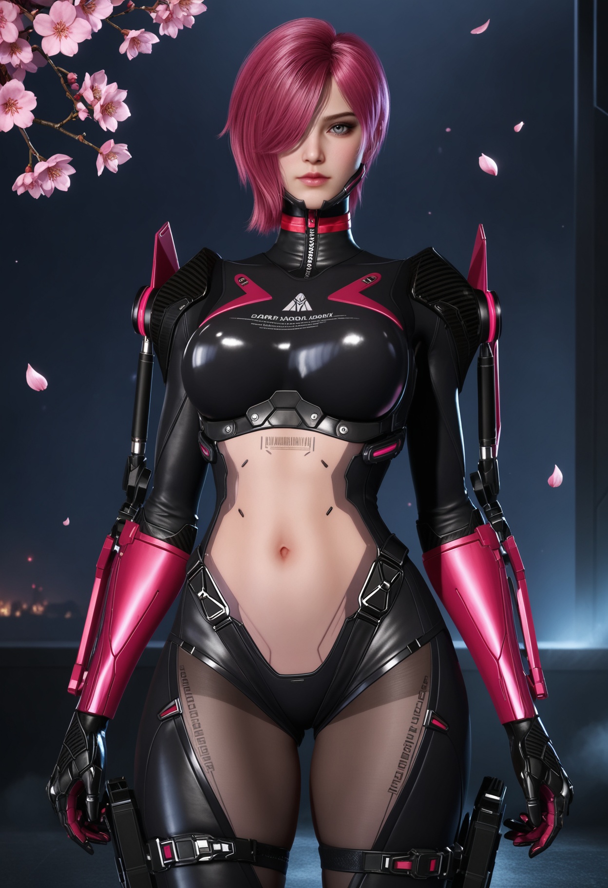 (cowboy shot:1.2),looking at viewer:1.1,masterpiece,(best quality),smog,Dark room,dim lighting,peach blossom,falling petals,<lora:YQ_Illustrious光辉v5_缇娜_V1:0.8>,q1528437228,1girl,solo,pink hair,short hair,bodysuit,hair over one eye,gloves,blue eyes,red hair,black bodysuit,boots,holster,armor,eyepatch,skin tight,tattoo,mechanical arms,thighhighs,one eye covered,cyborg,thigh strap,thigh holster,grey eyes,high heels,purple hair,thighs,crop top,