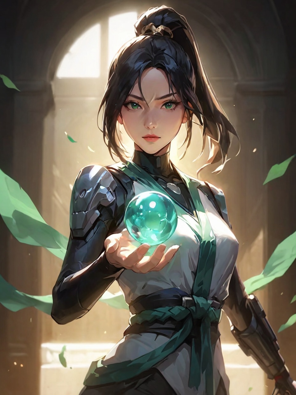 Sage,1girl,This is a digital illustration of a confident,anime-style woman with long black hair tied in a high ponytail.,She holds a glowing,blue-green orb in her right hand and a black firearm in her left,looking_at_viewer,real,ray tracing,ultra sharp,ultra high resolution,(masterpiece),(best quality),super detailed,extremely delicate and beautiful,exquisite facial features,super delicate face,cinematic light,detailed environment,ultra realistic details,facing camera,finely detailed features,cinematic lighting effects,photoreal,32k uhd,cinematic lighting effects,(full body:1.1),