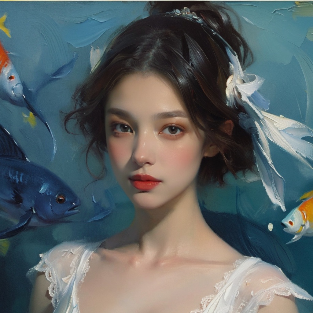 (8k, Best quality, Masterpiece),1girl,underwater,(oil_painting:1.2),beauty face,(bright:1.5),white dress,lace,