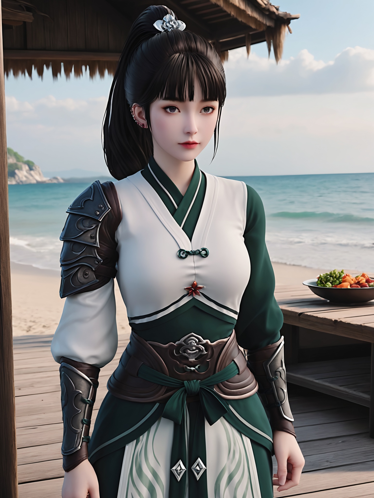 realistic style photo outstanding style,tall,cute,in her teens. Use soft lighting to cast gentle shadows on the subject,adding a touch of dimension to your images without compromising details,score_9,Seaside,beach,waves,<lora:剑来-阮秀Pony:0.6>,black hair is tied up in a high ponytail adorned with a decorative hair clip,wears a traditional Chinese-style outfit with a white tunic and a dark green,high-collared outer garment.The outfit is intricately designed with ornate silver and black metal plates,resembling armor,on the shoulders and forearms,and a sash tied around her waist.,