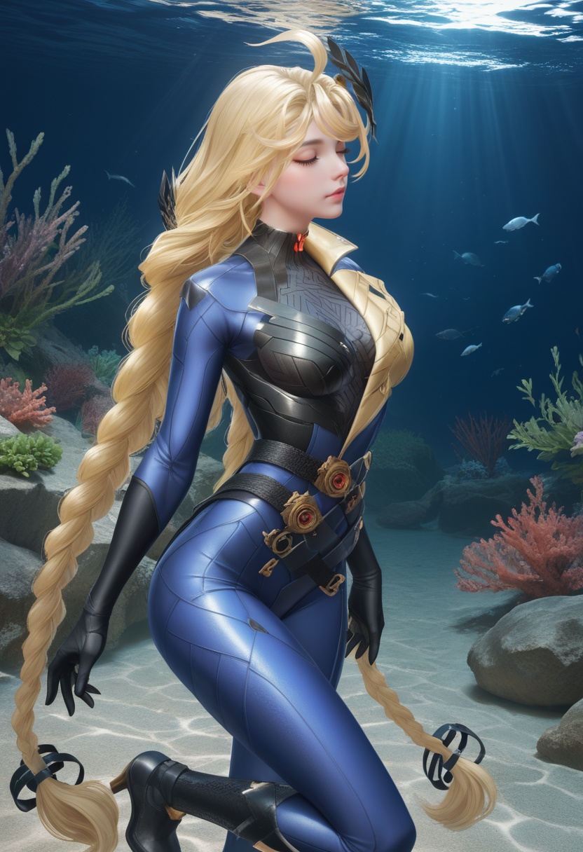 supermodel,score_8_up,score_7_up,hyperdetailed,hyperrealistic,volumetric lighting,focus on face,textured skin,eye lighting,SkinHairDetail,zPDXL,intricate and refined delicate details,unreal engine,very attractive,ultra high res,Expressiveh,realistic skin,score_9,score_8_up,score_9,score_8_up,1 girls,high cold face,yujie,perfect round large,breasts,jewelry,beautiful eyes,detailed eyes,breast,<lora:枪神纪弓箭手:0.8>,ahoge,belt,black gloves,blonde hair,bodysuit,boots,braid,breasts,closed eyes,gloves,hair ornament,high heels,long hair,looking at viewer,medium breasts,qsj,red eyes,twin braids,very long hair,over the sea,amusement_park,aquarium,ocean park,