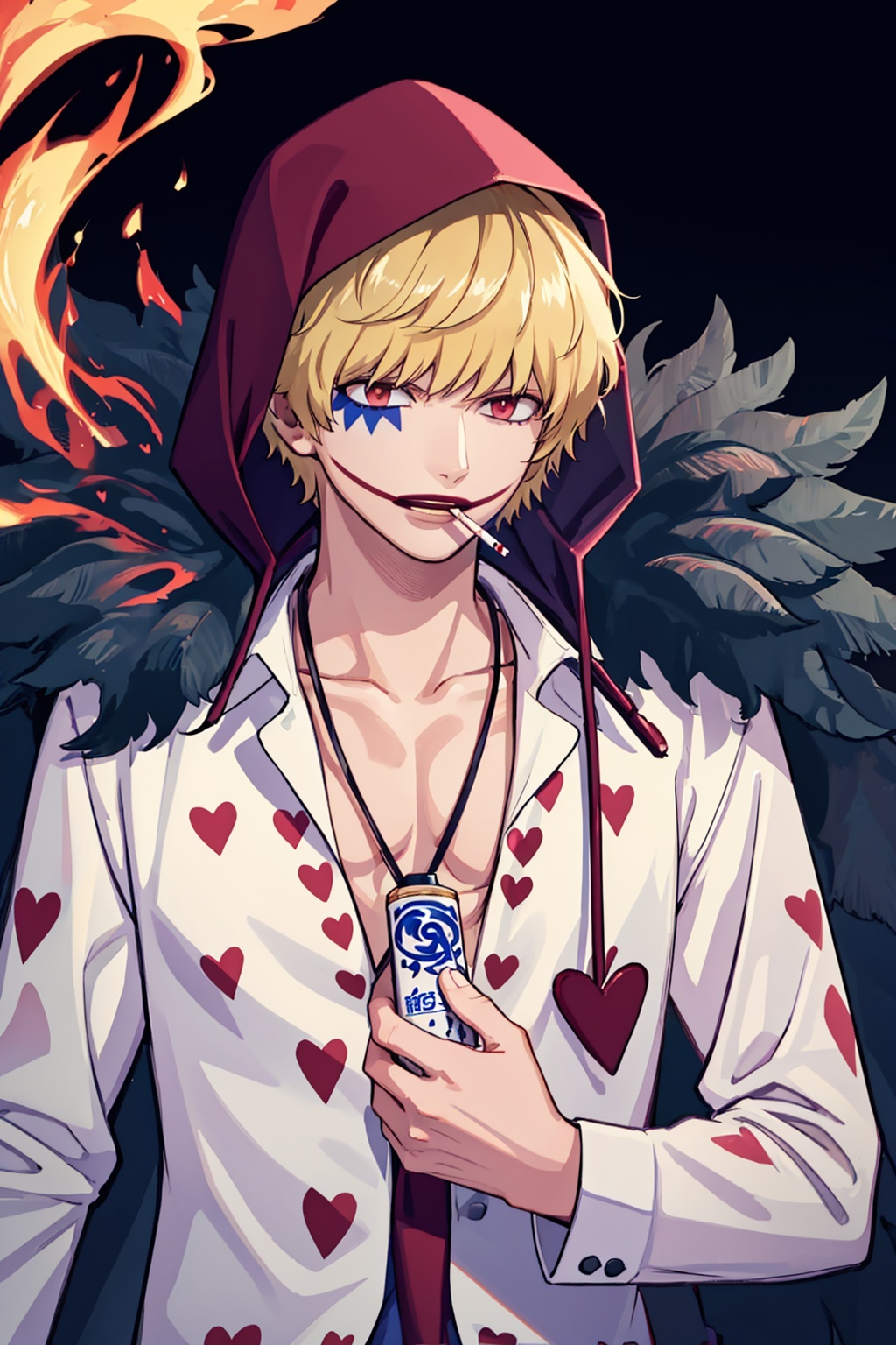 masterpiece,best quality, highly detailed, 1boy,donquixote rocinante,male focus,cigarette,smoking,solo,hood,heart print,makeup,upper body,pink shirt,smoke,<lora:donquixote_rocinante:1>