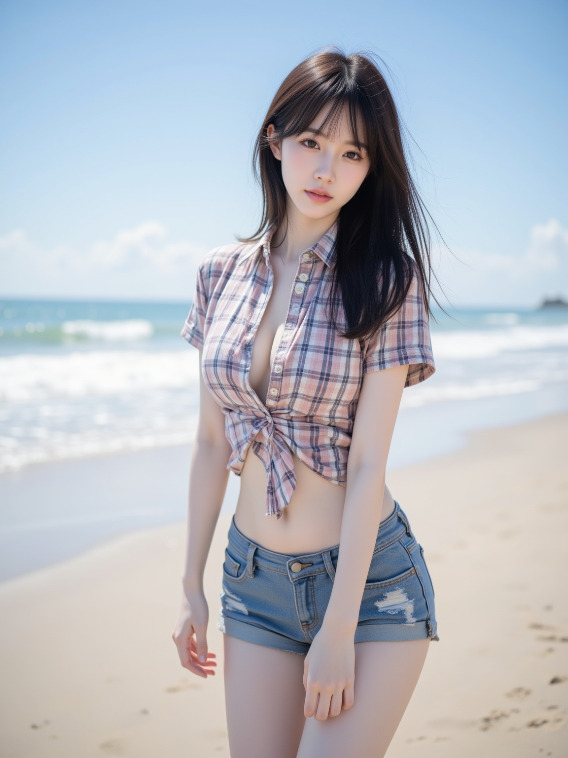 <lora:ca193f:1>,1girl,Checkered shirt,shorts,half body,The unbuttoned button,beach,