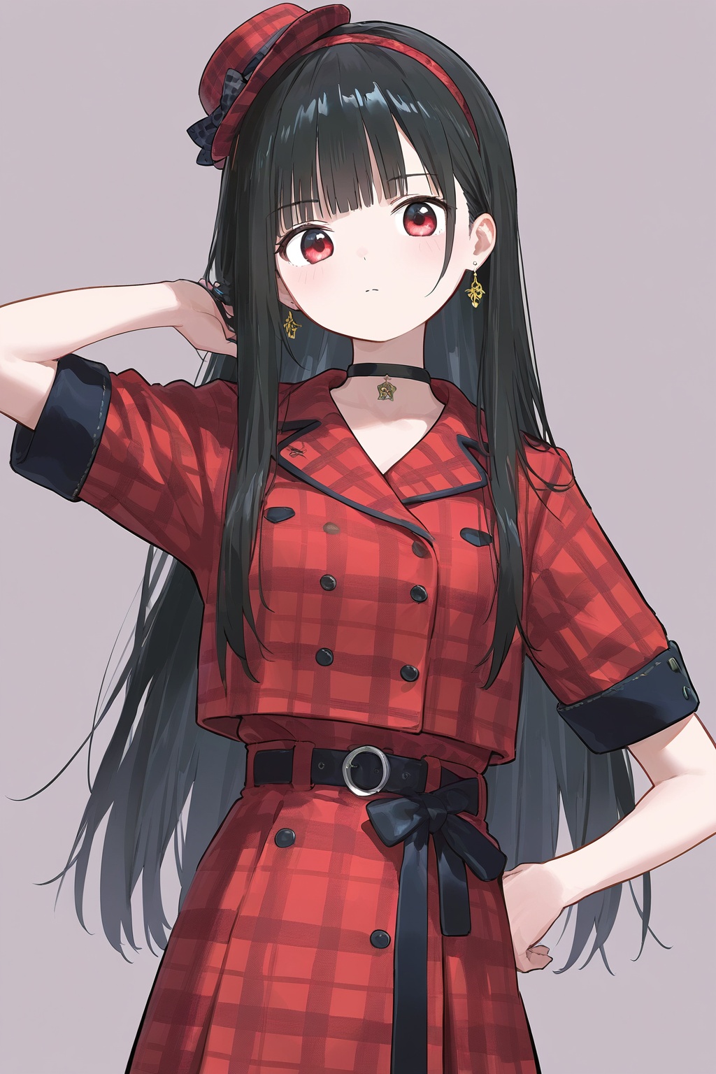 1girl,bangs,black_choker,black_hair,choker,closed_mouth,earrings,eyebrows_visible_through_hair,hairband,hand_on_hip,jewelry,long_hair,looking_at_viewer,plaid,plaid_bikini,plaid_bow,plaid_dress,plaid_headwear,plaid_jacket,plaid_pants,plaid_ribbon,plaid_scarf,plaid_shirt,plaid_skirt,red_eyes,shirt,short_sleeves,simple_background,solo,standing,unmoving_pattern,very_long_hair,white_background