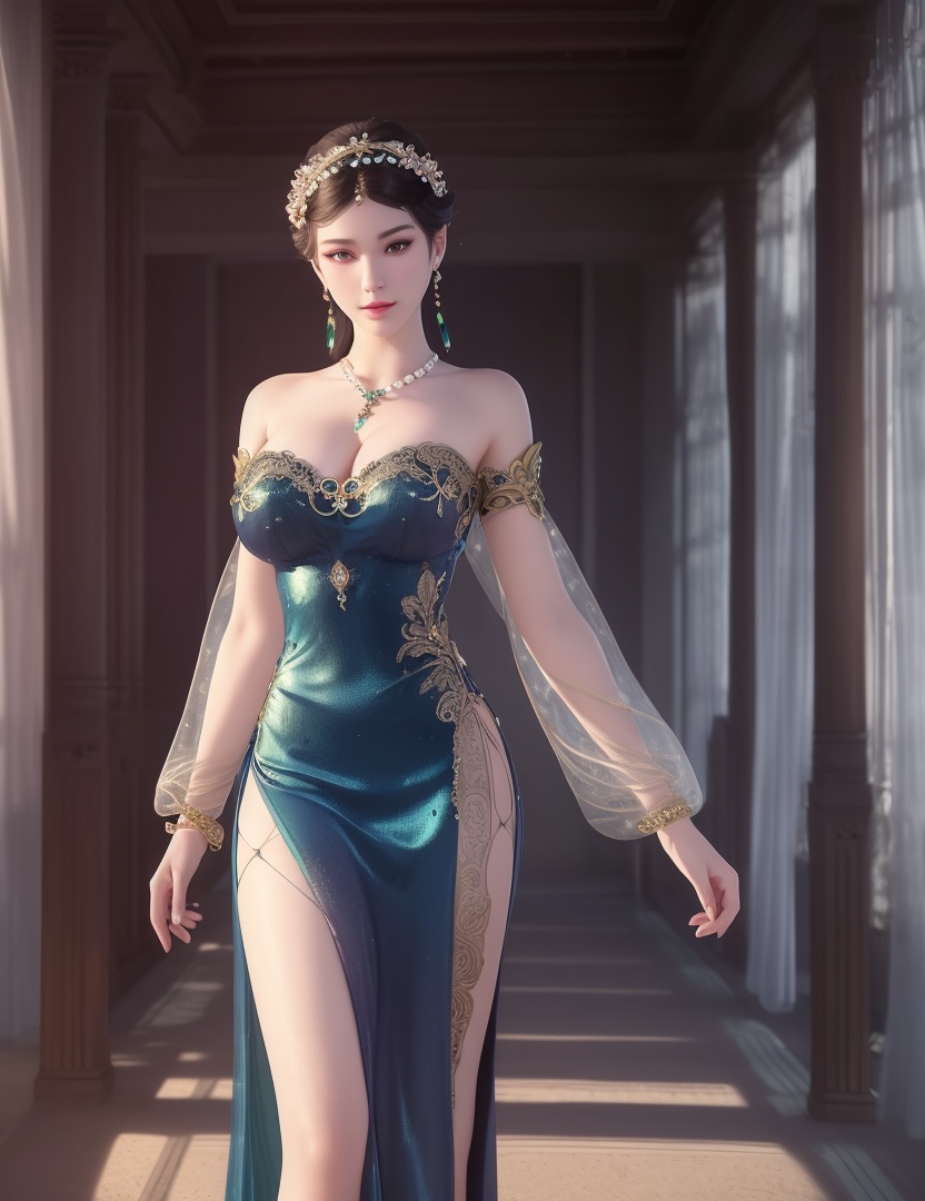 ultra realistic 8k cg, picture-perfect face, flawless, clean, masterpiece, professional artwork, famous artwork, cinematic lighting, cinematic bloom, perfect face, beautiful face, fantasy, dreamlike, unreal, science fiction,  beautiful clothes, lace, lace trim, lace-trimmed legwear,  (rich:1.4), prestige, luxury, jewelry, diamond, gold, pearl, gem, sapphire, ruby, emerald, intricate detail, delicate pattern, charming, alluring, seductive, erotic, enchanting, hair ornament, necklace, earrings, bracelet, armlet,halo((,1girl, pov,))(((,  1girl,  solo,looking at viewer, ))),(((1girl, solo, dress, jewelry,large breasts, )))<lora:DA_WhiteSnakeGreenSnake:0.7>