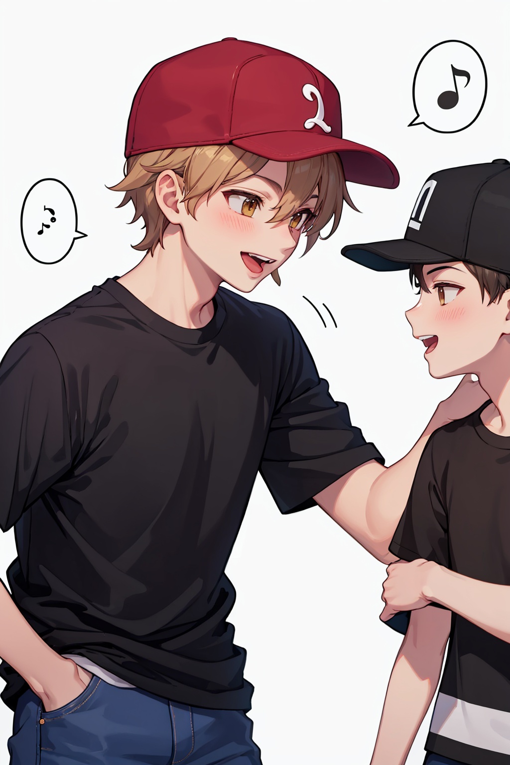 masterpiece,best quality, highly detailed, blue oak, male focus, 2boys, baseball cap, short sleeves, open mouth, spoken musical note, teeth, red headwear, blush, hat removed, black shirt, smile, speech bubble, holding hat, tongue, t-shirt, pants, white background,<lora:blue_oak:1>