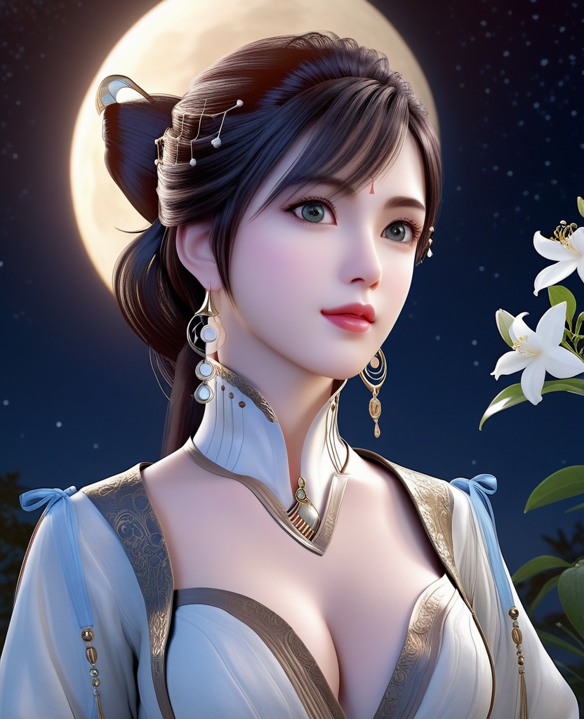 <lora:639-DA-XL-眷思量-须灵犀:0.8>(,1girl, ,best quality, ),looking at viewer,  ,,ultra detailed background,ultra detailed background,ultra realistic 8k cg, ,masterpiece, (( , )),, realistic,science fiction,mole, ultra realistic 8k cg, ,     ,crescent moon, jasmine \(flower\),     (cleavage), (),