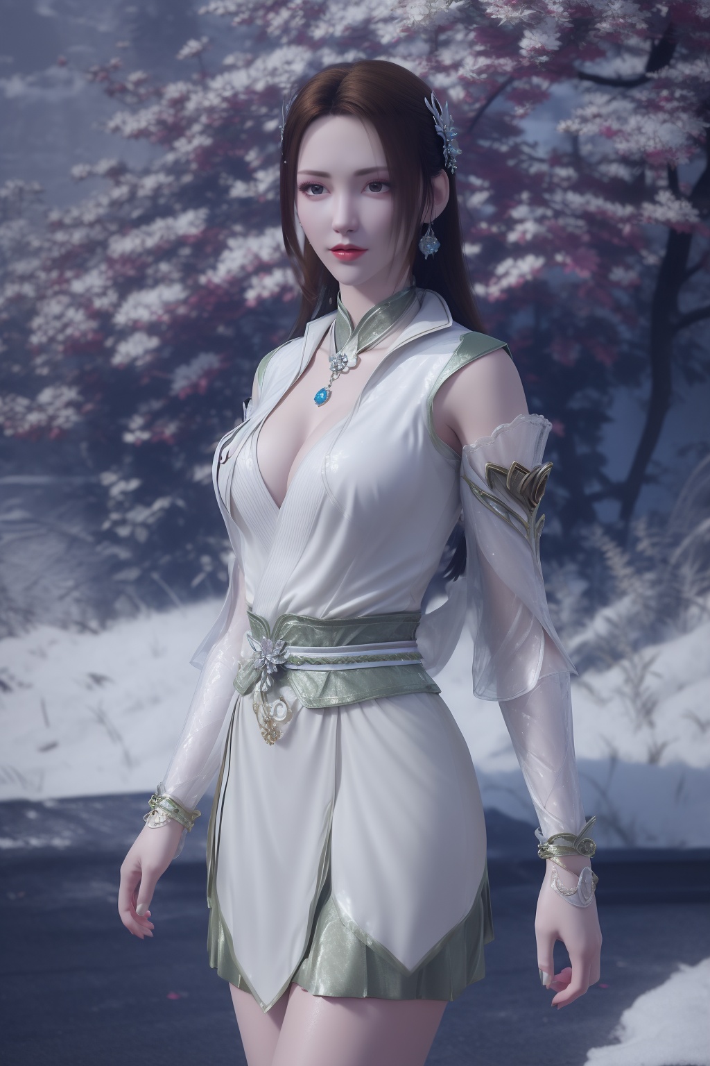 photo_\(medium\),(8k, RAW photo, best_quality),(masterpiece:1.2),(realistic:1.2),(photorealistic:1.3),(ultra-detailed),(extremely_detailed_cg_8k_wallpaper),(crystal_texture_skin:1.3),(shiny:1.2),(shiny_skin:1.4),(extremely_delicate_and_beautiful),petals,flower,sky,cherry blossoms,falling petals,shenfengNaLanYanRan,1girl,solo,dress,torogao,red lips,breasts,chinese clothes,large breasts,detached sleeves,standing,jewelry,hair ornament,earring,necklace,realistic,looking at viewer,<lora:shenfengNaLanYanRan_20240712003050-000004:0.7>,