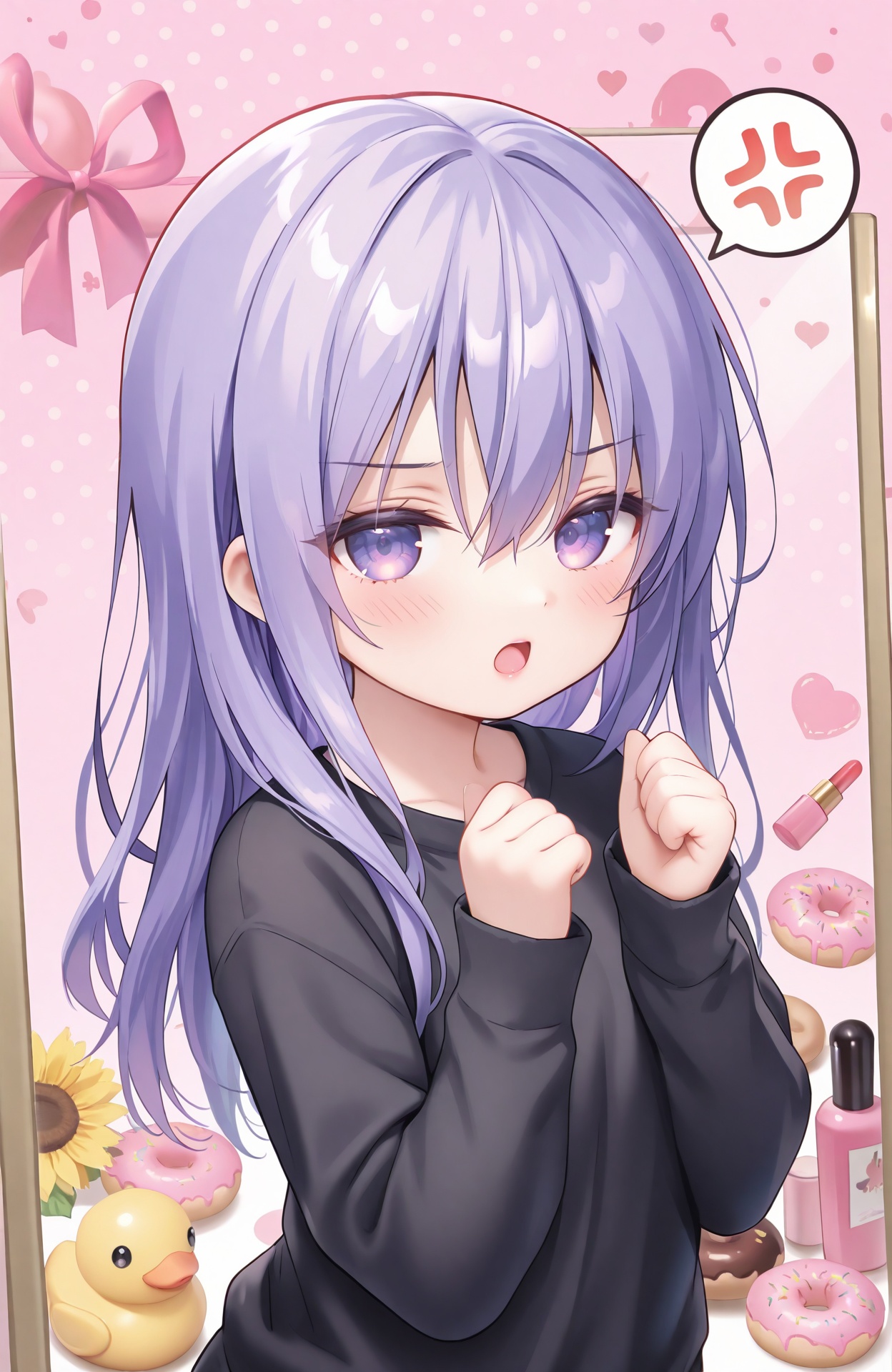 masterpiece,absurdres,best quality,petite,high quality,chromatic_aberration,loli,//,1girl,long hair,spoken anger vein,flower,doughnut,looking at viewer,rubber duck,food,purple hair,solo,purple eyes,long sleeves,anger vein,blush,mirror,shirt,cosmetics,pink background,heart,polka dot background,hair between eyes,upper body,black shirt,stuffed toy,sunflower,bottle,stuffed animal,lipstick tube,ribbon,open mouth,jewelry,clenched hands,