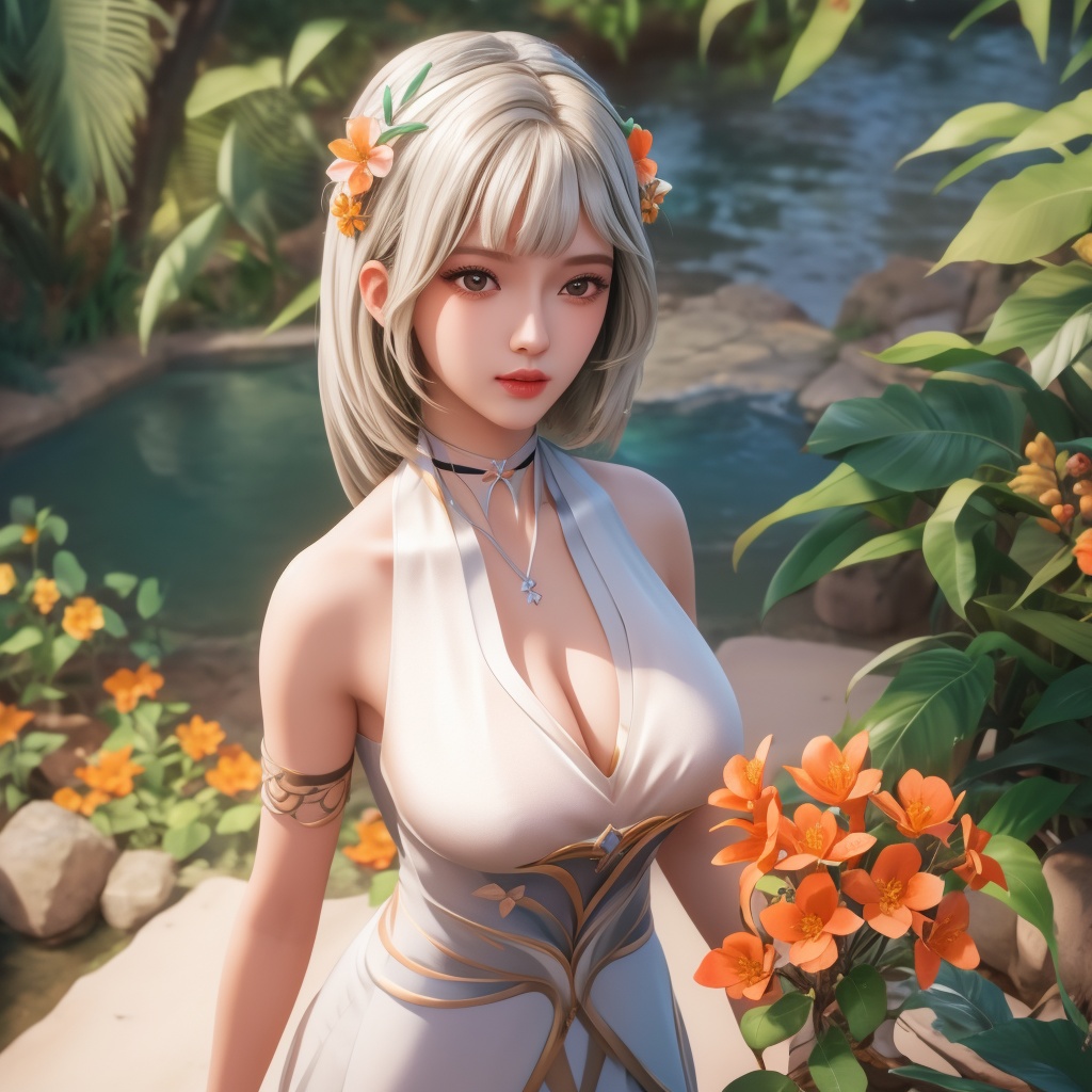 <lora:神印王座-小甜椒:0.8> (,1girl, ,best quality, ),looking at viewer,  ,ultra detailed background,ultra detailed background,ultra realistic 8k cg,, ,masterpiece, (( , )),, ,      ,  orange blossoms,  (cleavage), (), ,,