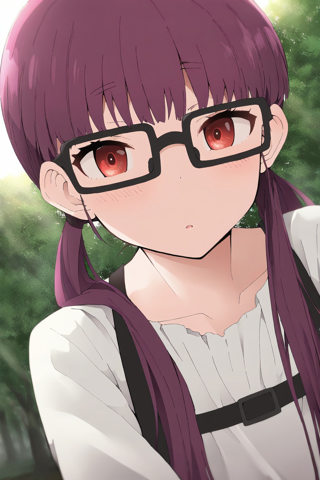 (masterpiece:1.1),(best quality:1.1),dynamic_angle,(extremely delicate and beautiful:1.1),(huge filesize:1.1),(Noise and grain:1.1),(amazing quality:1.1),Yui Unoki,1girl,twintails,solo,tree,long hair,outdoors,glasses,shirt,white shirt,blurry,looking at viewer,purple hair,red eyes,upper body,black-framed eyewear,<lora:journey-000004:0.6>,