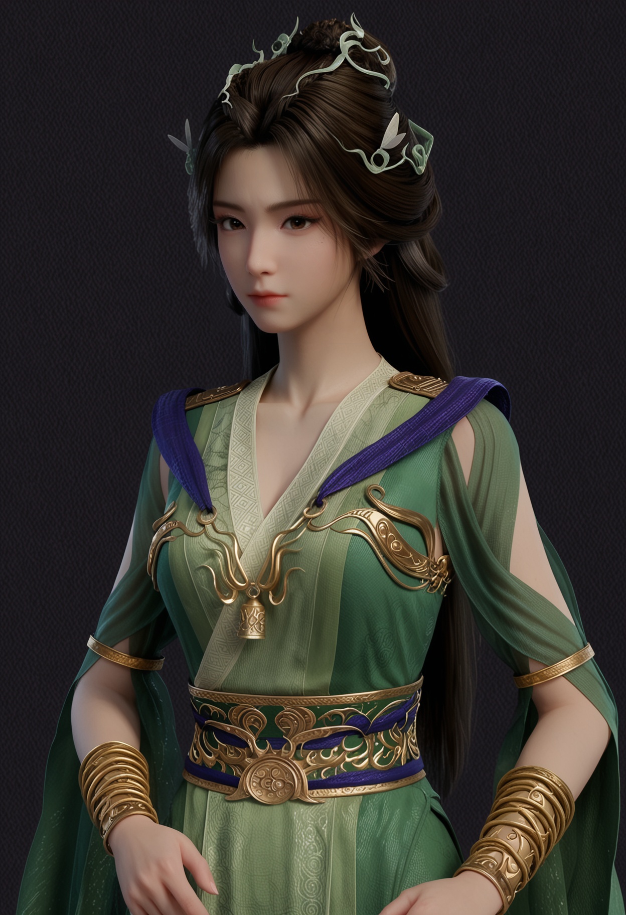 score_9,looking_at_viewer,upper body,(large breasts:0.8),hanyunzhi,1girl,solo,black hair,long hair,hair ornament,green dress,realistic,dress,closed mouth,jewelry,bracelet,chinese clothes,sash,brown eyes,hair bun,boots,(simple background,pure black background,black background:1.1),perfect_anatomy,<lora:QQSponyhanyunzhiV1:0.8>,