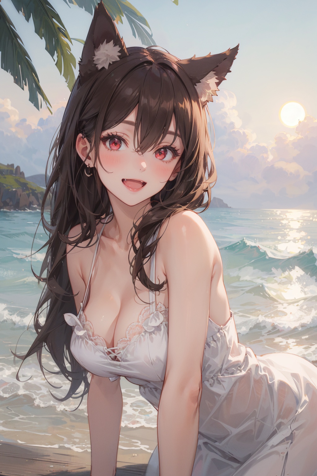 masterpiece,best quality,1girl,solo,looking at viewer,brown hair,hair between eyes,bangs,very long hair,red eyes,wolf ears,wolf tail,blush,open mouth,smile,:d,fang,large breasts,bare shoulders,(white sundress),upper body,leaning forward,outdoors,sun,sea,beach,day,blurry background
