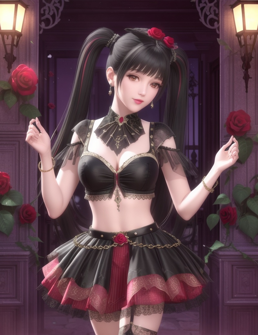 ultra realistic 8k cg, picture-perfect face, flawless, clean, masterpiece, professional artwork, famous artwork, cinematic lighting, cinematic bloom, perfect face, beautiful face, fantasy, dreamlike, unreal, science fiction , beautiful clothes, lace, lace trim, lace-trimmed legwear,  (rich:1.4), prestige, luxury, jewelry, diamond, gold, pearl, gem, sapphire, ruby, emerald, intricate detail, delicate pattern, charming, alluring, seductive, erotic, enchanting, hair ornament, necklace, earrings, bracelet, armlet,halo((,1girl, pov,))  (((,, multiple_girls, 2girls, flower, rose, multicolored_hair, , midriff, twintails, skirt, large breasts, looking at viewer, )))   <lora:DA_ChloeNightWings:0.6>