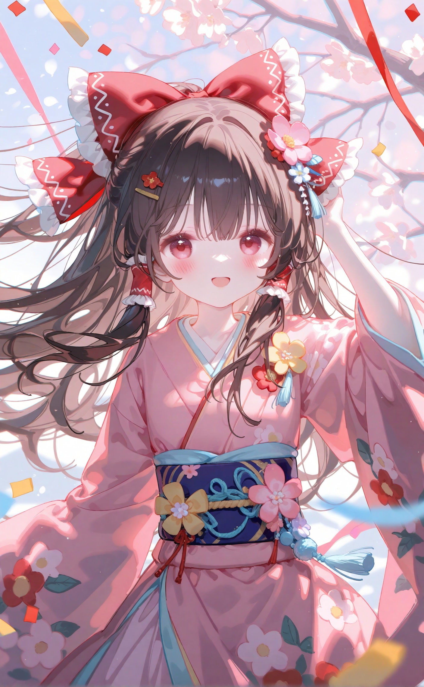 masterpiece,very aware,highres,absurdres,newest,best quality,loli,petite,high quality,chromatic_aberration,cinematic_angle,dutch angle,//,artist:ciloranko,artist:ningen_mame,artist:sho_(sho_lwlw),artist:rhasta,artist:wlop,artist:ke-ta,artist:hiten \(hitenkei\),//,1girl, solo, hair ornament, smile, looking at viewer, long hair, open mouth, flower, hair flower, brown hair, blush, confetti, japanese clothes, hair bow, wide sleeves, kimono, bow, floral print, cowboy shot, long sleeves, red bow, hand up, dress, pink dress, :d, sash, tassel, colorful, obi, red eyes, kanzashi, frills, black hair, pink kimono, pink eyes, breasts, red flower, hakurei reimu, standing, brown eyes, red dress, jewelry, hair between eyes, yellow flower, new year, pink flower, print kimono, sidelocks, ribbon, floating hair, multicolored kimono, necklace, purple eyes, multicolored clothes, hairclip, red kimono, frilled kimono, furisode, outdoors, multicolored dress, hair ribbon, frilled dress, arm up