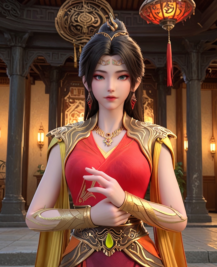 (oriental architecture, elegant decor, sophisticated style:1.1),(hands folded:1.1),(breasts:1.2),<lora:XL神墓东方凤凰:0.95>,miss dongfangfenghuang,red dress,sash,pauldrons,necklace,blue eyes,black hair,hair ornament,hair bun,earrings,jewelry,shawl sleeves,bracer,, score_9,score_8_up,score_7_up,score_6_up,score_5_up,score_4_up,3d rendering,tag1,tag2, Cinematic Lighting,backlighting,