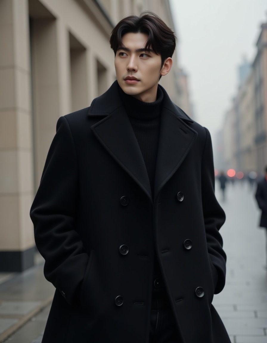 a real picture of a south korea man,in Belted wool coat in a sleek\(black design\),