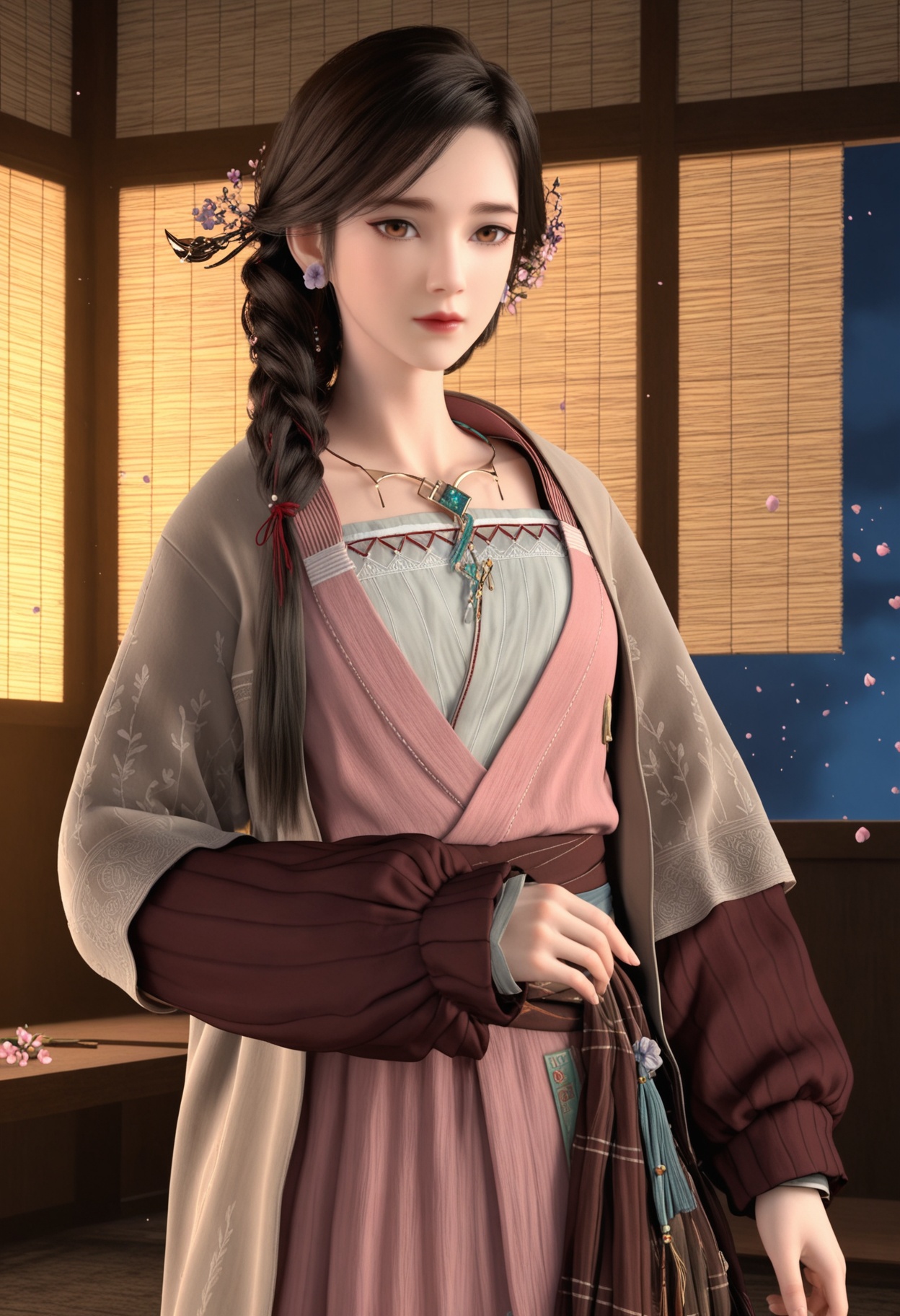 (cowboy shot:1.2),(looking at viewer:1.1),masterpiece,(best quality),smog,Dark room,dim lighting,peach blossom,falling petals,<lora:YQ_Illustrious光辉v5_璎陌_V1:0.8>,q1528437228,1girl,solo,jewelry,long hair,hair ornament,earrings,braid,brown hair,brown eyes,hair flower,necklace,black hair,dress,long sleeves,single braid,