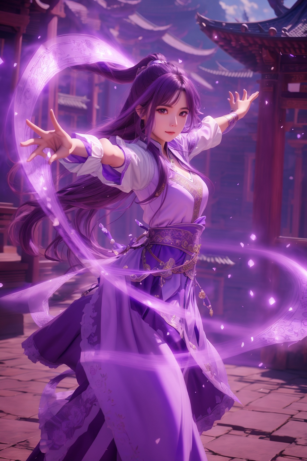 purple-aura,using purple-magic,purple-magic,ancient-costume,dancing,fighting stance,1girl,solo,long hair,brown hair,<lora:magic_fighting_purple_512_15:0.8>,