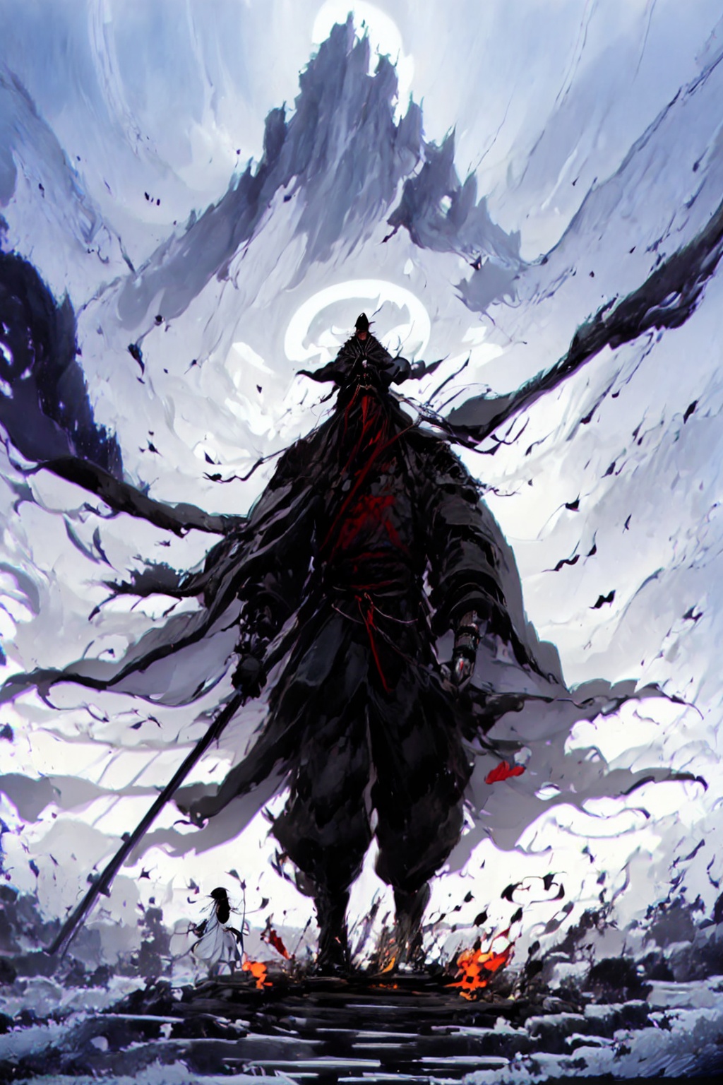 shuimo,<lora:**_v1.0:1>,solo,1boy,mighty general,beard like a halberd,eyes firm and resolute,wearing black iron scales and armor,the crimson war robe fluttered in the wind,standing on the peak fire with a long spear in hand,the ancient battlefield is filled with dust and smoke,twilight quadruple,the remaining yang is like blood,splashing ink between mountains and rivers,jin ge tie ma,the soul of the cold weapon era,ink and wash halo dyeing,clear hierarchy,the interweaving of warm and cold tones showcases the cruelty and heroism of the battlefield,concentrate visual focus on the general through central composition,strengthen its leadership spirit,looking up highlights his majestic figure and indomitable will,