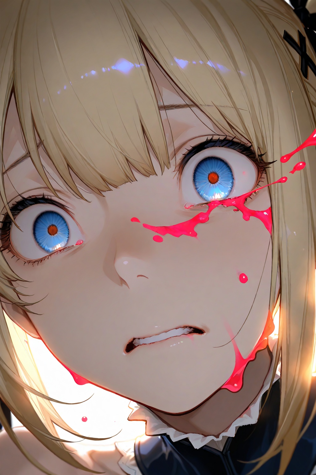 masterpiece,best quality,amazing quality,very aesthetic,absurdres,newest,impactful picture,offcial art,movie perspective,(ask (askzy):0.5),(yoneyama mai:0.5),(fuzichoco:0.5),1girl,marie rose,darkness,faint light,face close-up,backlight,strange light,splash ink style,horrified,