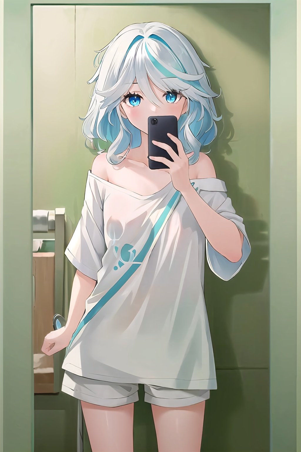 (masterpiece, best quality:1.2),Furina_Pneuma,heterochromia,long hair,<lora:Concept_Oversized:0.8>,shirt,white shirt,collarbone,short sleeves,t-shirt,off shoulder,oversized shirt,naked shirt,oversized clothes,shorts,standing,selfie,mirror,green wall,indoors,restroom,(smile:0.6),<lora:Furina-000006:0.8>,