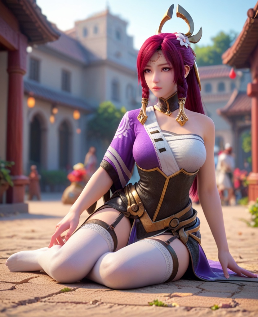 (oriental architecture, elegant decor, sophisticated style:1.1),(Sitting cross-legged on the floor:1.1),(large breasts:1.2),<lora:XL王者荣耀伽罗:0.95>,miss jialuo,purple right side robe layered on top of white sarashi,red hair,ponytail,twin braids,hair ornament,hair tubes,detached collar,armored dress,forehead mark,bangs,purple eyes,hair flower,white thighhighs,(veil:1.1),, score_9,score_8_up,score_7_up,score_6_up,score_5_up,score_4_up,3d rendering,tag1,tag2, Cinematic Lighting,backlighting,, zPDXL3, zPDXL2,zPDXL, zPDXLxxx, zPDXLrl,