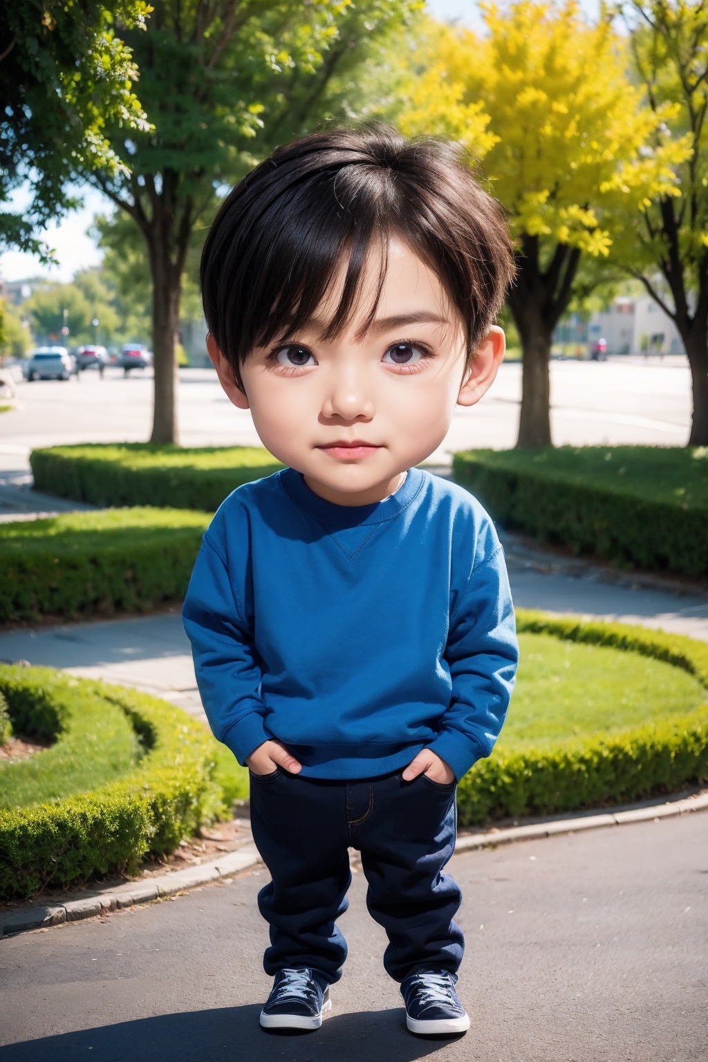 1boy, male focus, chibi, realistic, looking at viewer, outdoors, sweatshirt, road, standing, tree, shoes, full body, solo focus, short hair, day, photorealistic, street,