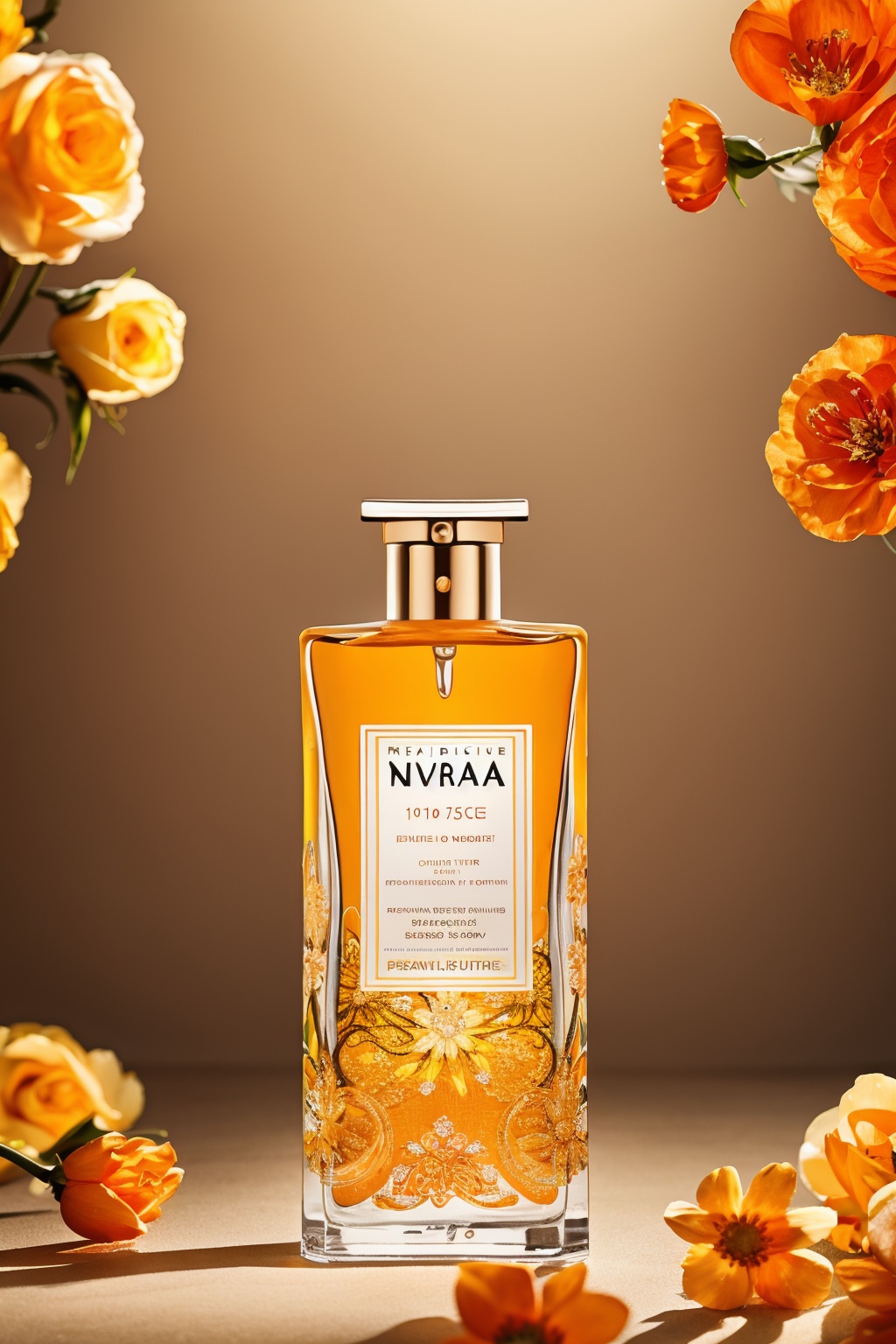 product photography,a vibrant orange perfume bottle labeled 'Nirvana' with the brand 'Rever' written above it. Surrounding the bottle are several fresh flowers in shades of orange and yellow,with their petals intricately detailed. The background is a muted beige,and the entire composition exudes a sense of elegance and nature,, masterpiece,best quality,