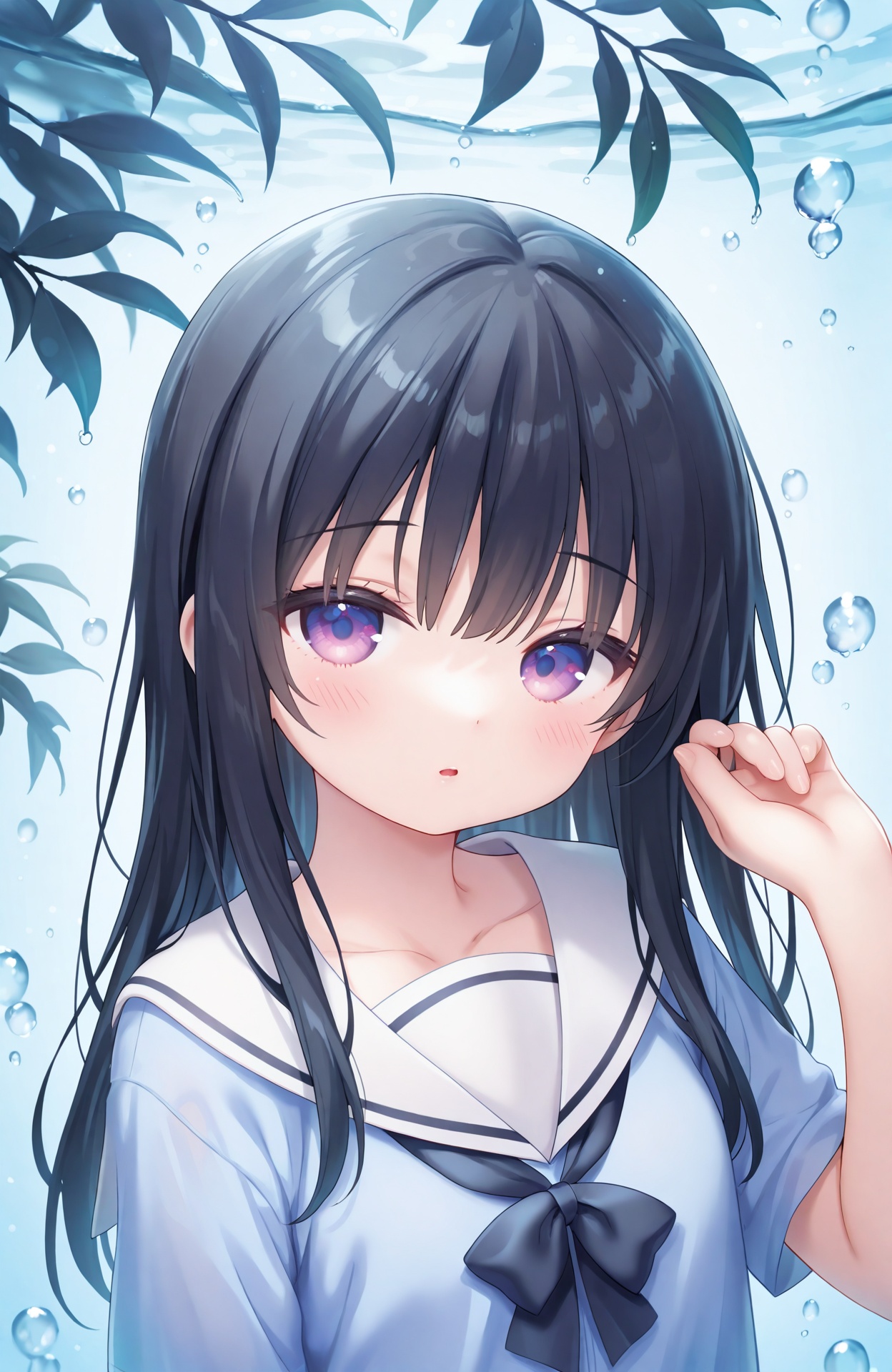masterpiece,absurdres,best quality,petite,high quality,chromatic_aberration,//,1girl,solo,leaf,looking at viewer,shirt,blush,school uniform,purple eyes,upper body,long hair,sailor collar,parted lips,blue theme,collarbone,blue shirt,black hair,water drop,serafuku,white sailor collar,plant,hand up,bubble,short sleeves,branch,