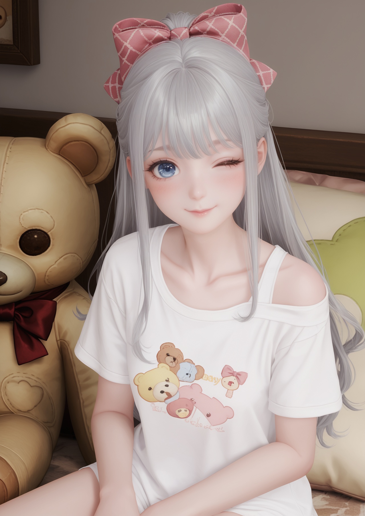 score_10,score_9,score_8_up,score_7_up,1girl,long hair,stuffed toy,stuffed animal,solo,one eye closed,blue eyes,bow,sitting,shirt,hair bow,blush,looking at viewer,pink bow,smile,white hair,t-shirt,ribbon,white shirt,short sleeves,teddy bear,off shoulder,wariza,collarbone,indoors,closed mouth,grey hair,