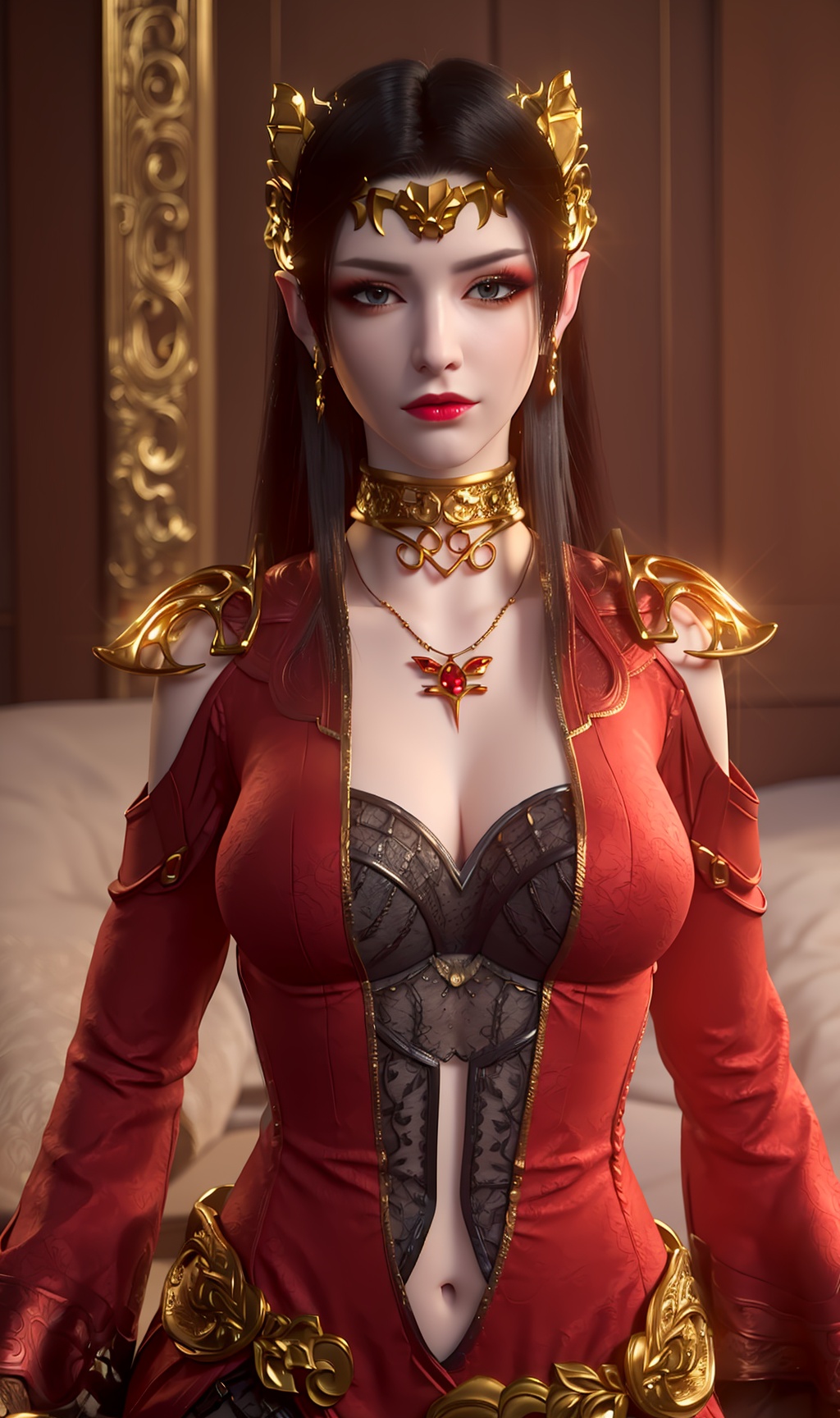 3D,masterpiece,(best quality),(makeup),official art, extremely detailed cg 8k wallpaper,((crystalstexture skin)), (extremely delicate and beautiful),(highly detailed),(face),headpiece,(collar),(tiara),(gold_trim),(shoulder_armor),(long_sleeves),(1girl), (solo), (jewelry), (earrings),(black_hair),(long_hair),(hair_ornament),(handwear),(breasts),(standing),((upper_body)),(dress),(multicolored_clothes),(multicolored_dress),(shiny_clothes),(city,indoor),(sash),(navel),,((looking_at_viewer)),((Facing the camera)),, <lora:hipoly3DModelLora_v10:0.3>