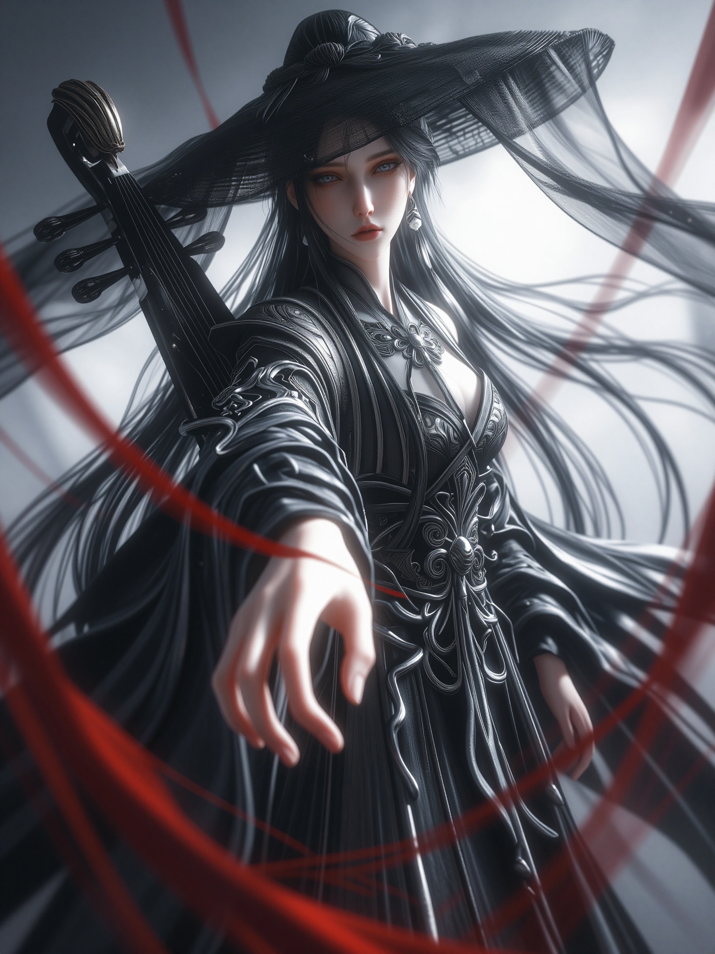 YY Anime style,CG质感，死亡搁浅，风格为中式怪诞风格。美丽而优雅神圣的神女，慈悲中又有点邪性的，单手向着镜头勾勾手指，诱惑，仿佛伸出画面。脸部白皙皮肤光滑水嫩细腻，长发，戴着一顶大帽檐的帷帽，风把纱帘吹起，漏出她的脸，发丝飘动，穿着飘逸的华丽墨繁复的华服，背着一把古琴，高雅的质感，斜眼看镜头，腼腆。飘渺神秘，红色丝带镜头前虚化借景，画笔厚涂，低饱和度，笔触纹理清晰，画面通过细腻的笔触和丰富的色彩层次塑造主体与场景，质感逼真，法天象地，表情高冷，服装华丽，复杂，奢华，唯美，充满压迫感，整体兼具艺术感，大透视，底光打在脸上，镜头仰视主体，悲天悯人，高高在上，圣洁高傲，清冷淡漠如梦如幻，氛围感。超广角强透视构图，张力十足，压迫感，细节生动完美。极其震撼的一幕，视觉冲击力强，光影彼此交织错杂的梦幻感，朦胧，明暗对比强烈，阴影过渡自然，电影级构图，视觉冲击，8K画质，超清，极致细节，清晰的线条，高对比，大师级别的作品。立体渲染，精细画笔，超细腻笔触，线条流畅，超清画质，完美品质，高质量，自适应饱和度，专业级打光，大师杰作，自由视角，阴影过渡自然，氛围感，高级感，意境，亮闪，唯美，宿命感拉满，弥散粒子，画面具有层次感。视觉冲击大，故事感，高级感，动态感。震撼，大师构图震撼人心。游戏感，强烈透视，震撼视觉，ue5渲染，命运史诗感，黑色风格，诺兰电影色调，浓雾，弥散，唯美辉光