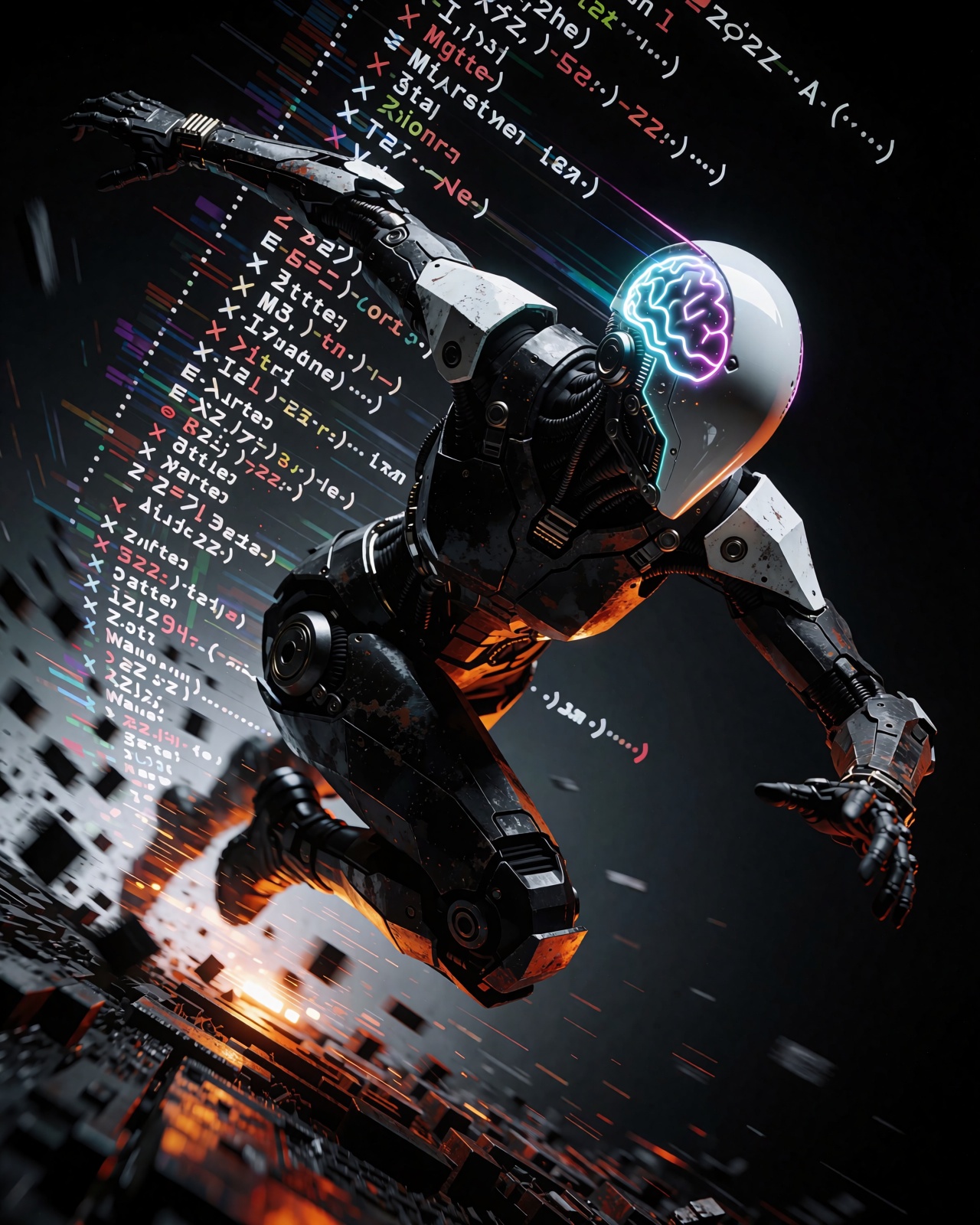 ZeroStress. A moody,  dark-toned digital photograph capturing a futuristic,  armored humanoid figure in a highly dynamic o...