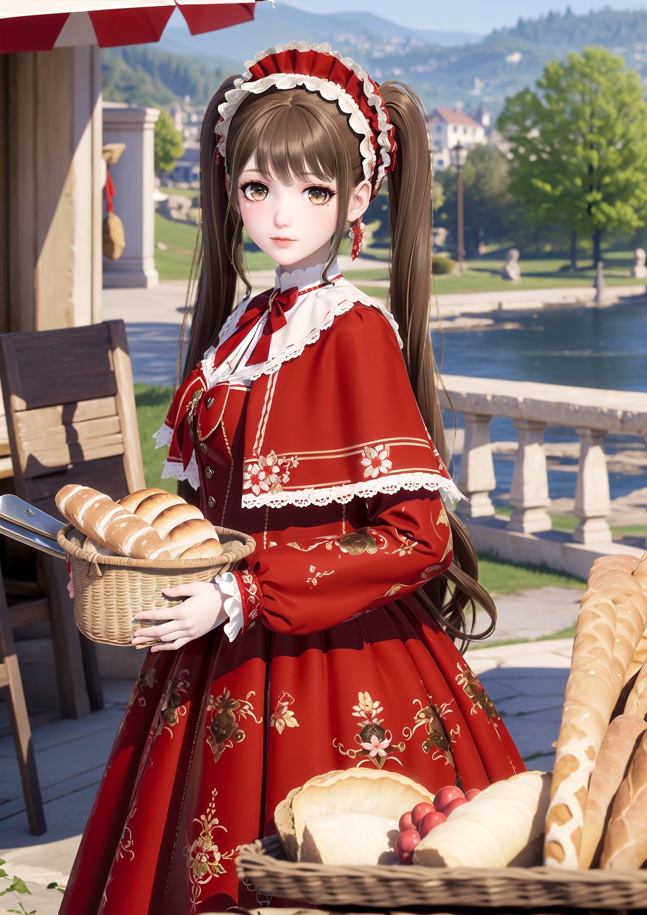 masterpiece,best quality,1girl,basket,bread,solo,food,brown hair,dress,twintails,brown eyes,blurry,blurry background,lolita fashion,baguette,long sleeves,looking at viewer,red dress,holding,holding basket,long hair,outdoors,capelet,floral print,hairband,red capelet,bow,frills,