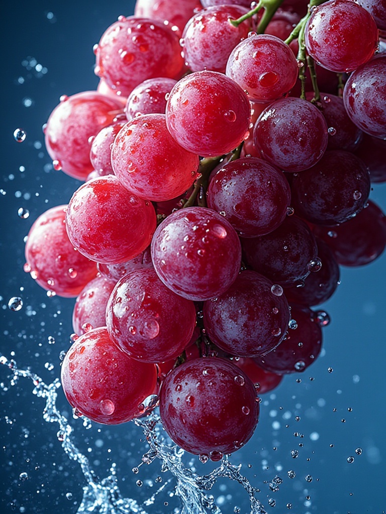 miluo_sgjh,Fruits,water splashes,A close-up photograph of a bunch of red grapes with water droplets on them, set against a blue background. The grapes are arranged in a cluster, with some overlapping each other, and the droplets are glistening with moisture. The texture of the grapes is smooth and shiny, reflecting the light, creating a sparkling effect. The background is a solid, deep blue, providing a stark contrast to the vibrant red color of the fruit. The lighting is soft and natural, highlighting the grapes and the texture of their surface. The overall effect is one of freshness and freshness.,<lora:miluo丨秀色可餐爆汁水果:1>