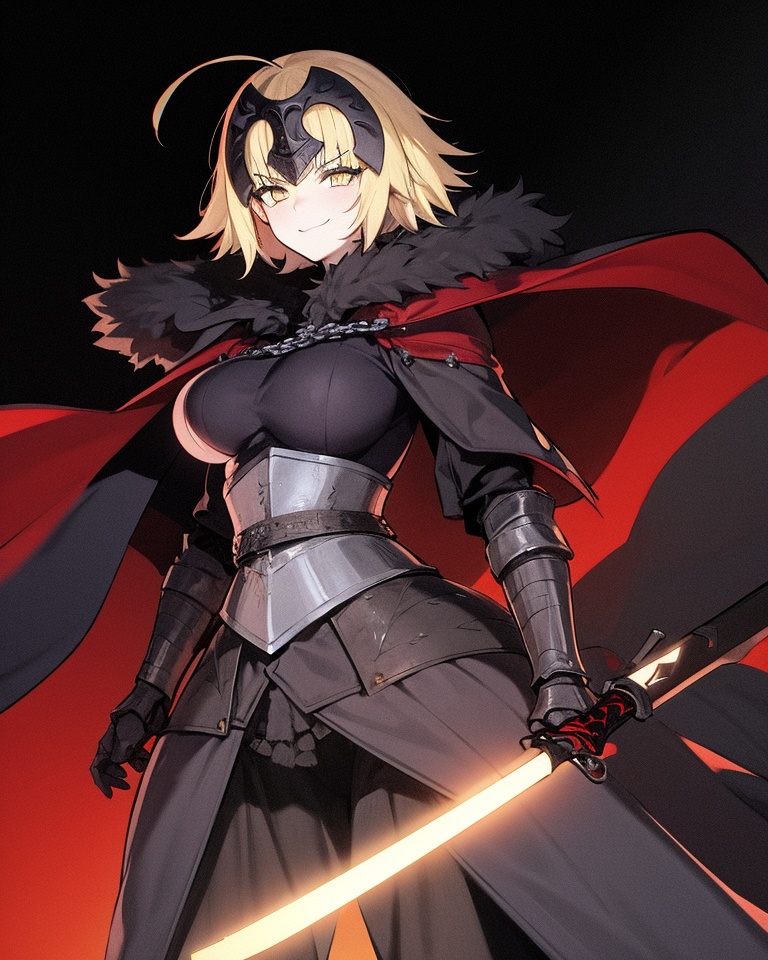 1girl, jeanne d'arc alter \(fate\), solo, jeanne d'arc alter \(avenger\) \(fate\), yellow eyes, armor, weapon, headpiece, short hair, looking at viewer, sword, gauntlets, armored dress, blonde hair, cape, holding, smile, fur trim, holding weapon, ahoge, breasts, holding sword, fur-trimmed cape, fire, chain