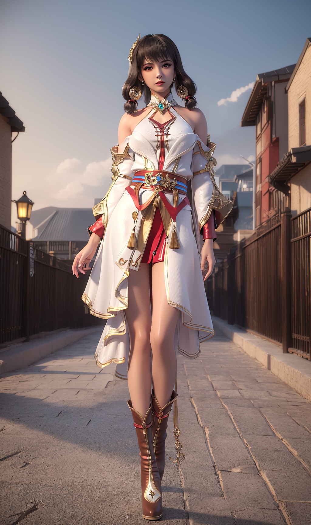 3D,masterpiece,(best quality),official art, extremely detailed cg 8k wallpaper,((crystalstexture skin)), (extremely delicate and beautiful),(highly detailed),(1girl), (solo), (jewelry), (breasts), (earrings), (brown_hair),(hair),(hair_ornament),(handwear),  (long_hair), (medium_breasts), ((clothes),(dress),(skirt)),(long_sleeves) ,((full body)),(whole body),(boots),(shoes),(bare_shoulders)(sunshine, outdoor,),((looking_at_viewer)),((Facing the camera)),, <lora:hipoly3DModelLora_v10:0.3>