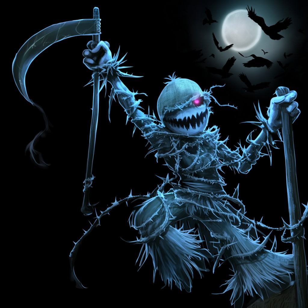 A spectral scarecrow character with a burlap-like sack head,  jagged stitched mouth,  and a single glowing pink eye. It we...