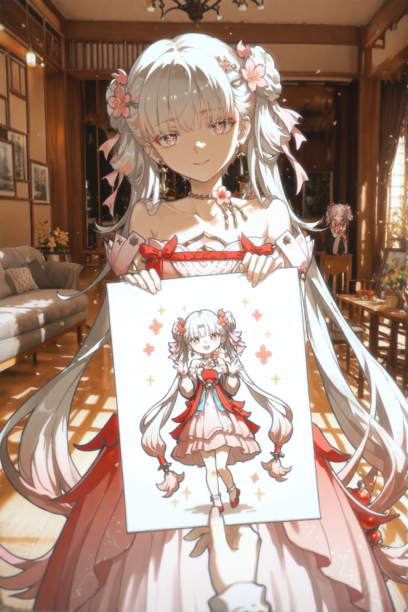 masterpiece,best quality,absurdres,very awa,highres,newest,year 2024,year 2023,<lora:illustrious_noobai_epsilon_pred_1_masterpieces_v1:0.7>,<lora:ponyv6_noobV1_2_adamW-000017:0.7>,<lora:spo_sdxl_10ep_4k-data_lora_webui:0.6>,<lora:add-detail-xl:0.35>,(rafaelaaa:0.4),(ekrea jan:0.4),(duoj ji:0.3),2girls,mother and daughter,holding drawing,looking at viewer,pov,happy,living room,<lora:KonyaKarasue-000008:0.7>,<lora:jxnew-noob-Tanger-000014:0.8>,jinhsi,jinhsi \(peach blossom\) \(wuthering waves\),(clothes:peach blossom pink dress,alternate costume,bare shoulders:1.2),flower-shaped pupils,1girl,hair ornament,hair flower,twintails,bangs,jewelry,very long hair,