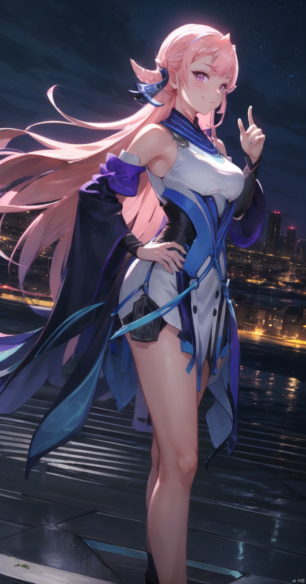 1girl, solo, long hair, breasts, looking at viewer, smile, bangs, hair ornament, dress, bare shoulders, very long hair, closed mouth, standing, pink hair, cowboy shot, detached sleeves, sky, hand up, wide sleeves, pink eyes, hand on hip, night, building, night sky, city, cityscape, city lights<lora:EMS-151900-EMS:0.600000>, <lora:EMS-40270-EMS:0.800000>