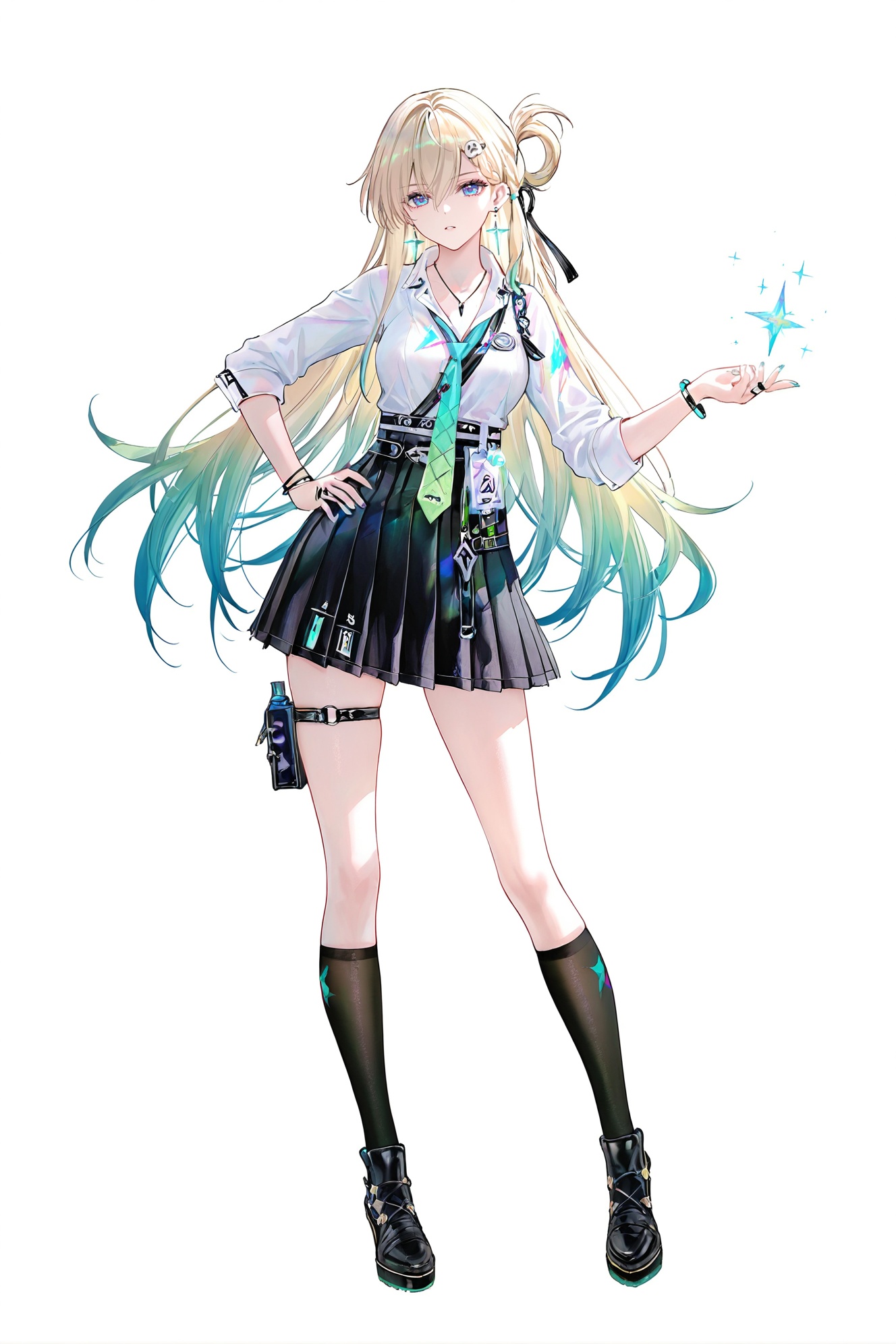 8k,best quality,masterpiece,(ultra-detailed),(high detailed skin),((artist:reoen),(artist:fuzichoco),(artist:atdan),(artist:torino_aqua),year 2024:0.8)1girl,[artist:wlop],[artist:ningen_mame],artist:ciloranko,[[artist:rhasta]],artist:tidsean,colorful,full body,full shot,standing,(solo:1.2),simple background,(white background:1.2),hand on own hip,(white background:1.1),looking at viewer,<lora:Lynae-will-Tanger:0.8>,Lynae \(Wuthering Waves\),clothes: lynae def suit,1girl,jewelry,socks,long hair,necktie,earrings,bracelet,pleated skirt,blonde hair,black footwear,ring,white collared shirt,black skirt,hair ornament,blue eyes,bangs,shoes,black socks,thigh strap,breasts,