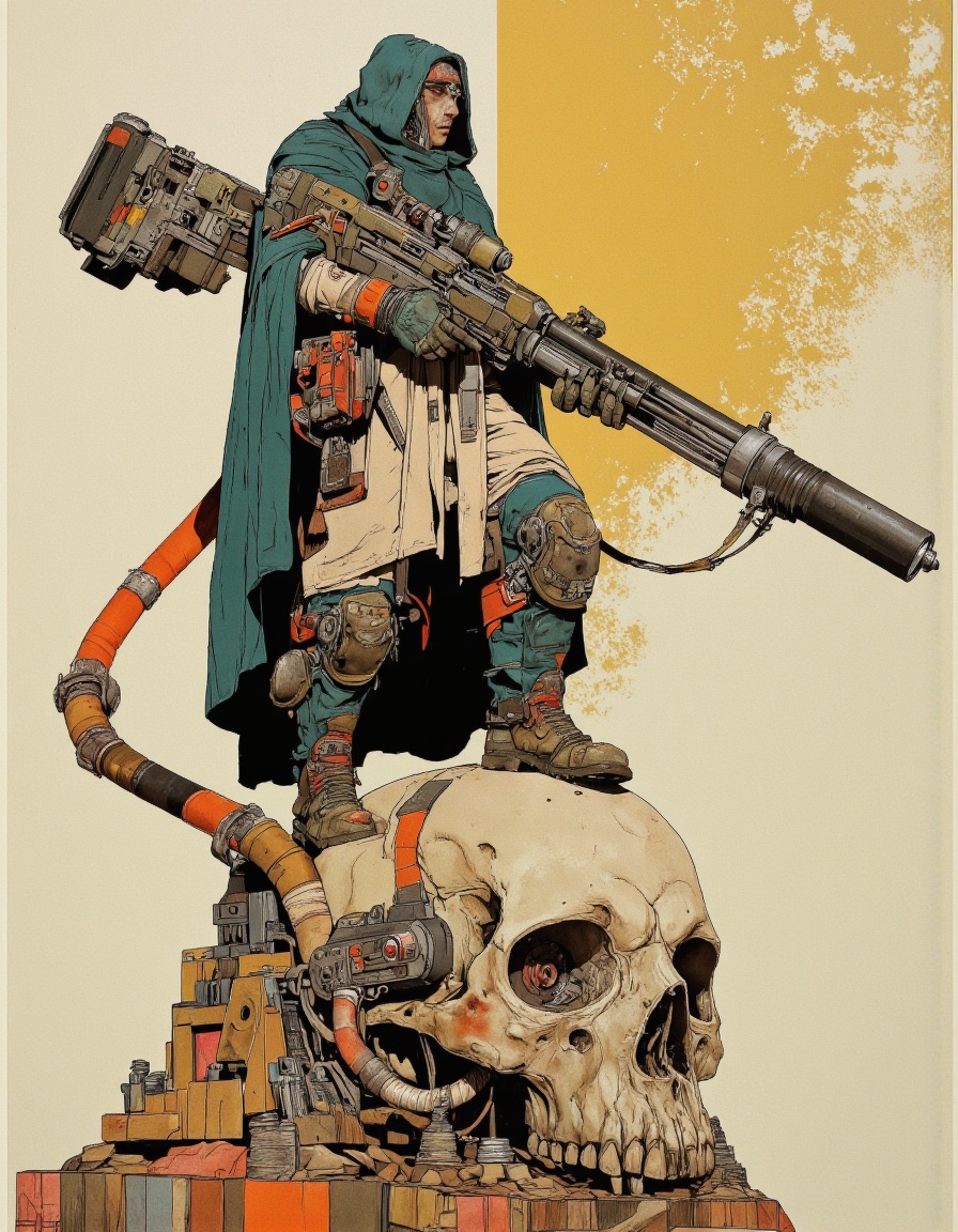 By Phandigrams. A digital illustration of a futuristic cyberpunk style character. The character stands on a large ornate s...