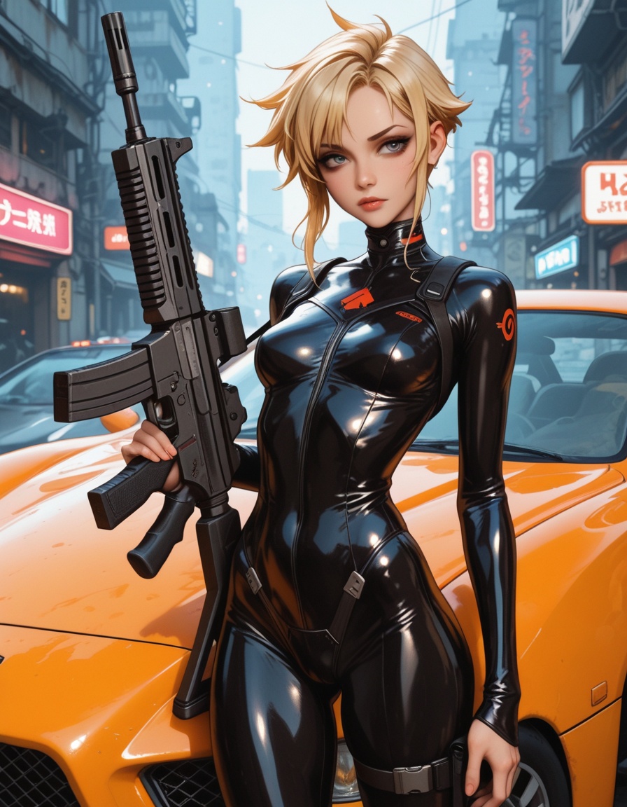cinematic film still a raw photoa young blonde woman in a latex bodysuit with an assault rifle,  next to a futuristic car,...