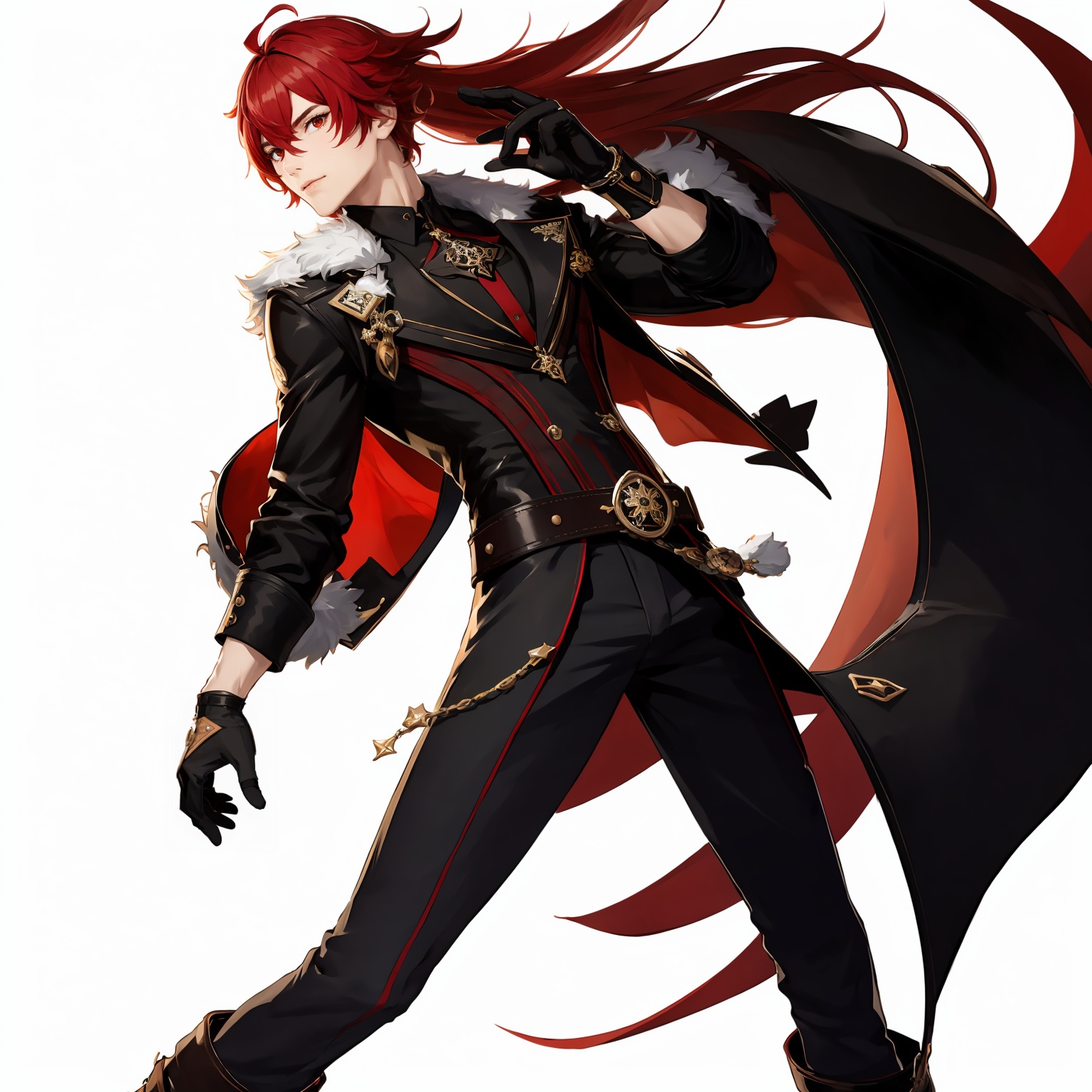 (masterpiece, best quality,top quality),[(white background:1.2)::5],(wide shot:0.95),Dynamic angle,(full body),<lora:GI_CVP-v15:1>,gicvp,diluc \(genshin impact\),1boy,male's body type,mondstadt,pyro,long hair,red hair,solo,simple background,gloves,vision,red eyes,black pants,bangs,pants,boots,ponytail,adjusting gloves,black footwear,long sleeves,jacket,hair between eyes,fur trim,standing,black gloves,coat,closed mouth,belt,adjusting clothes,shirt,black coat,black jacket,looking at viewer,depth_of_field,particle effects,